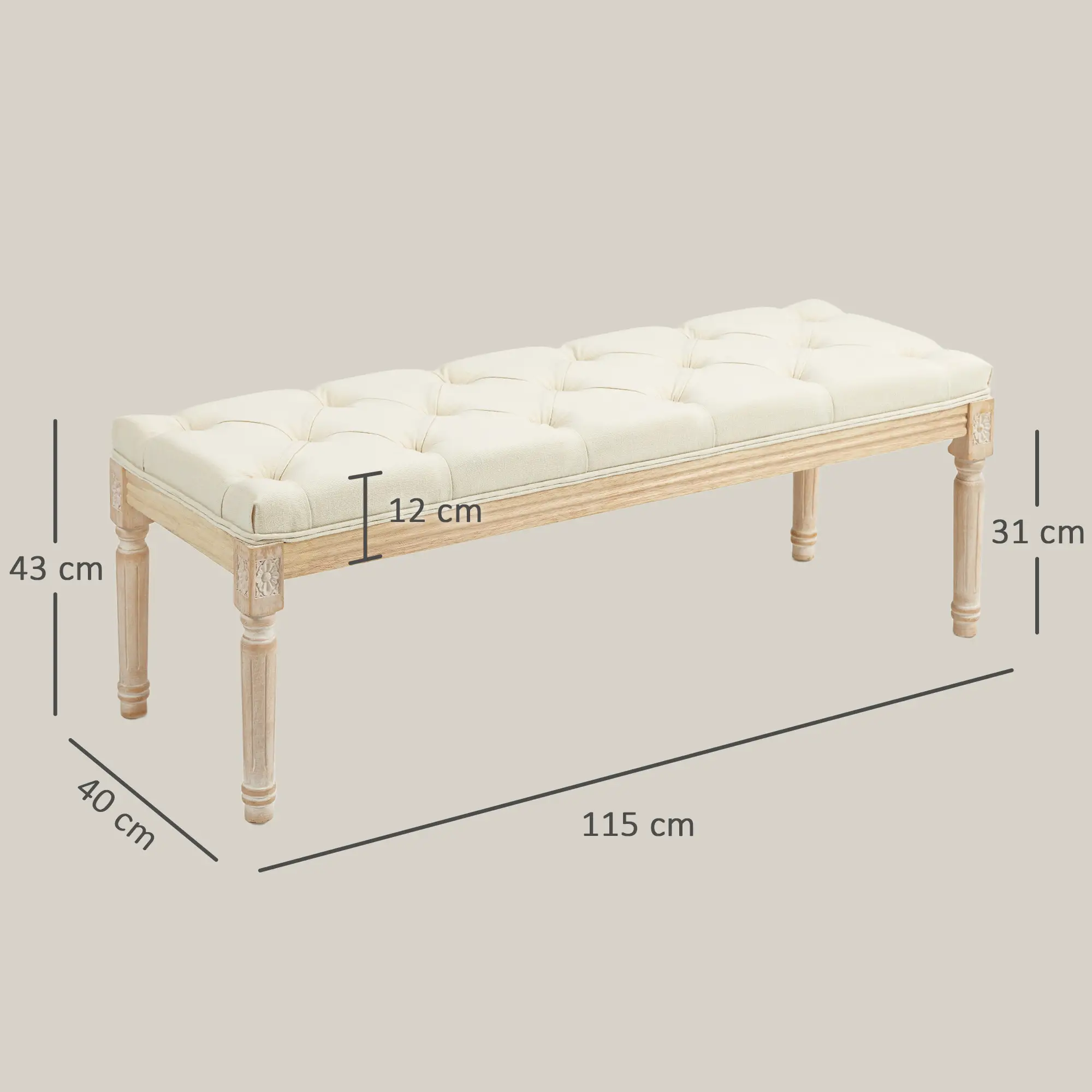 Linen Ottoman Bench 43 x 115 x 40cm, Cream White - Cream White - 3