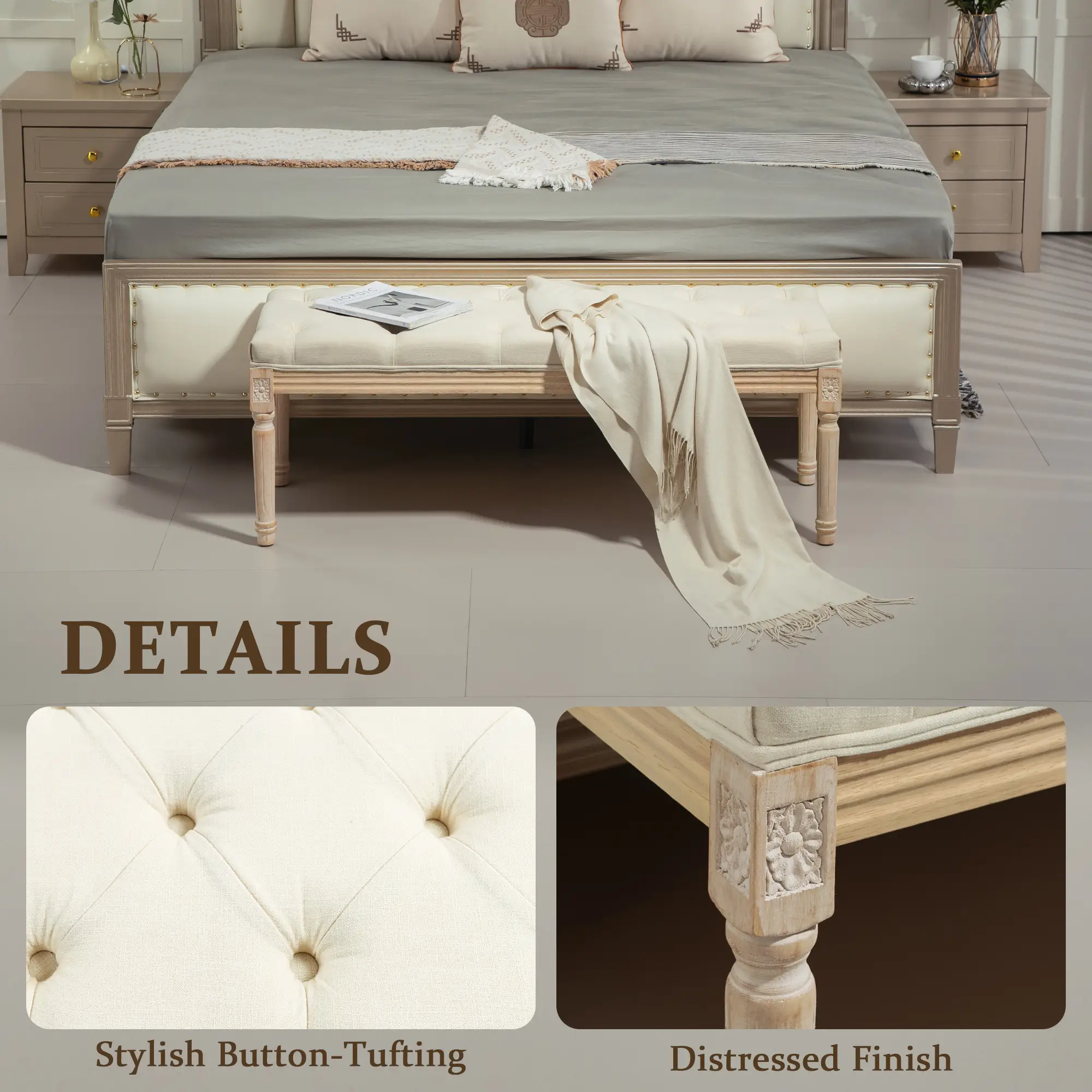Linen Ottoman Bench 43 x 115 x 40cm, Cream White - Cream White - 4