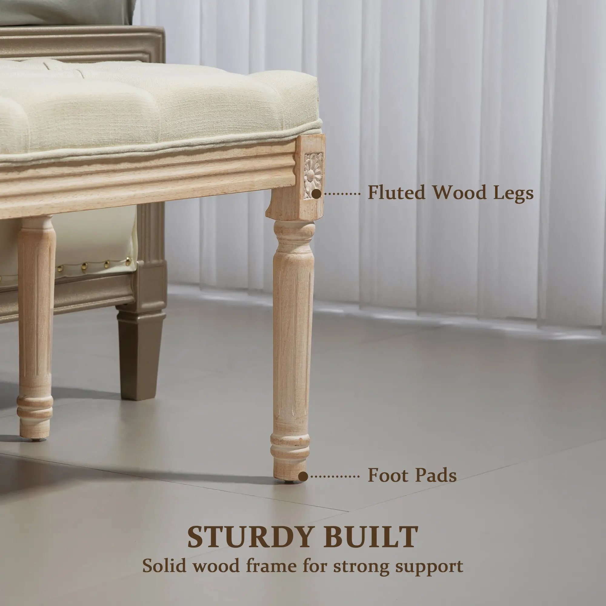 Linen Ottoman Bench 43 x 115 x 40cm, Cream White - Cream White - 5