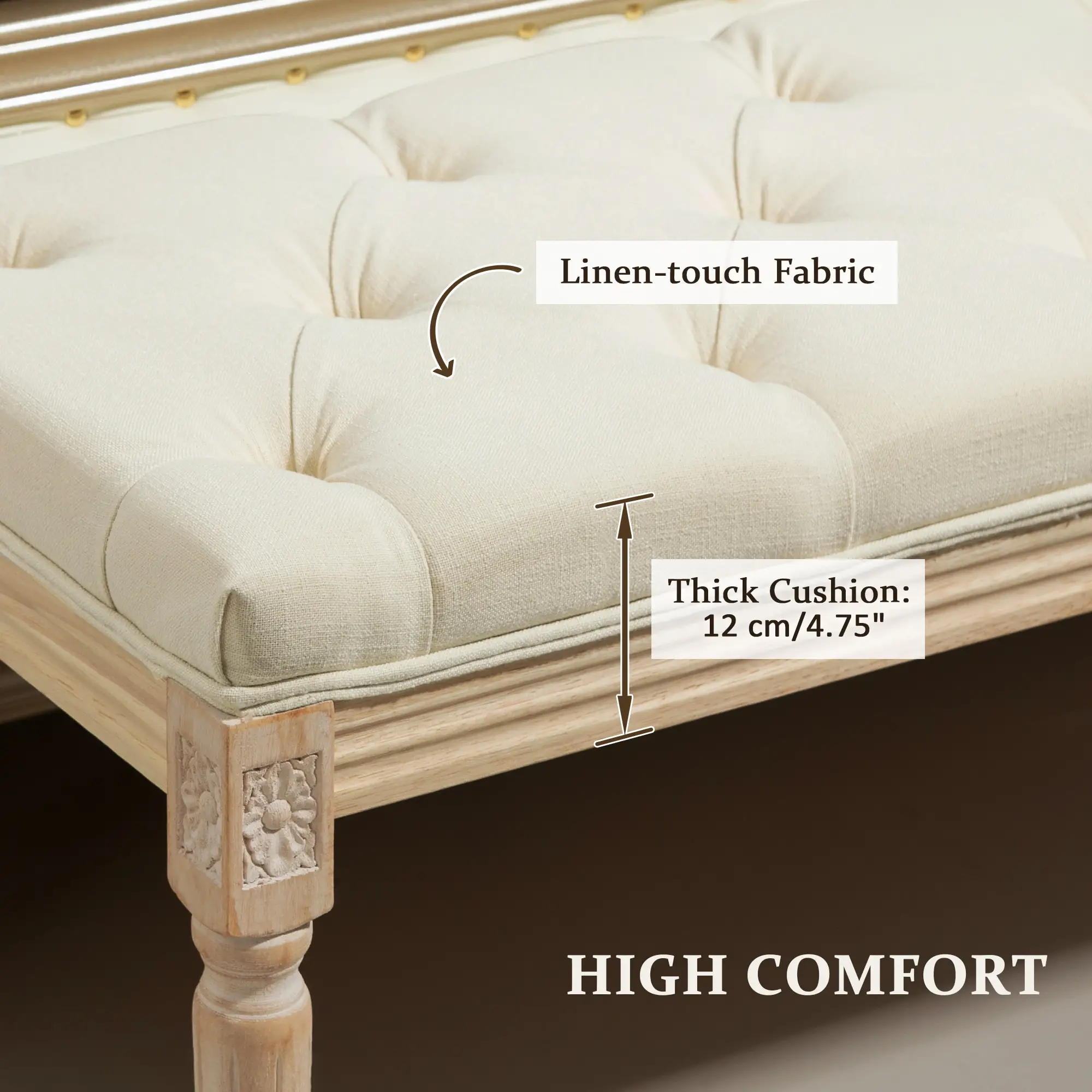 Linen Ottoman Bench 43 x 115 x 40cm, Cream White - Cream White - 6