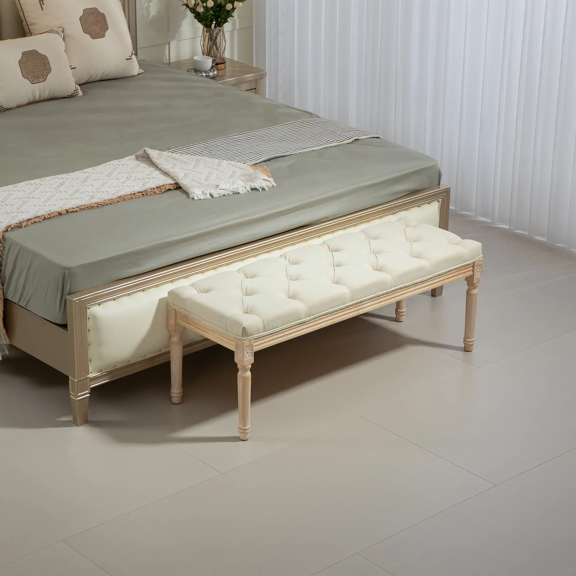 Linen Ottoman Bench 43 x 115 x 40cm, Cream White - Cream White - 7