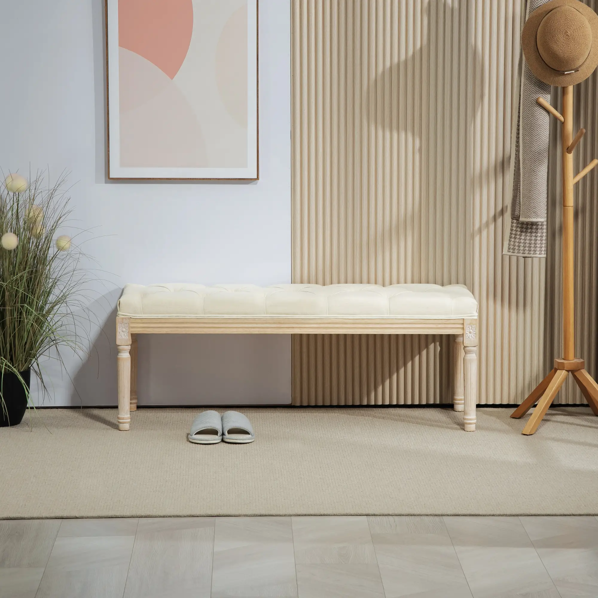 Linen Ottoman Bench 43 x 115 x 40cm, Cream White - Cream White - 8