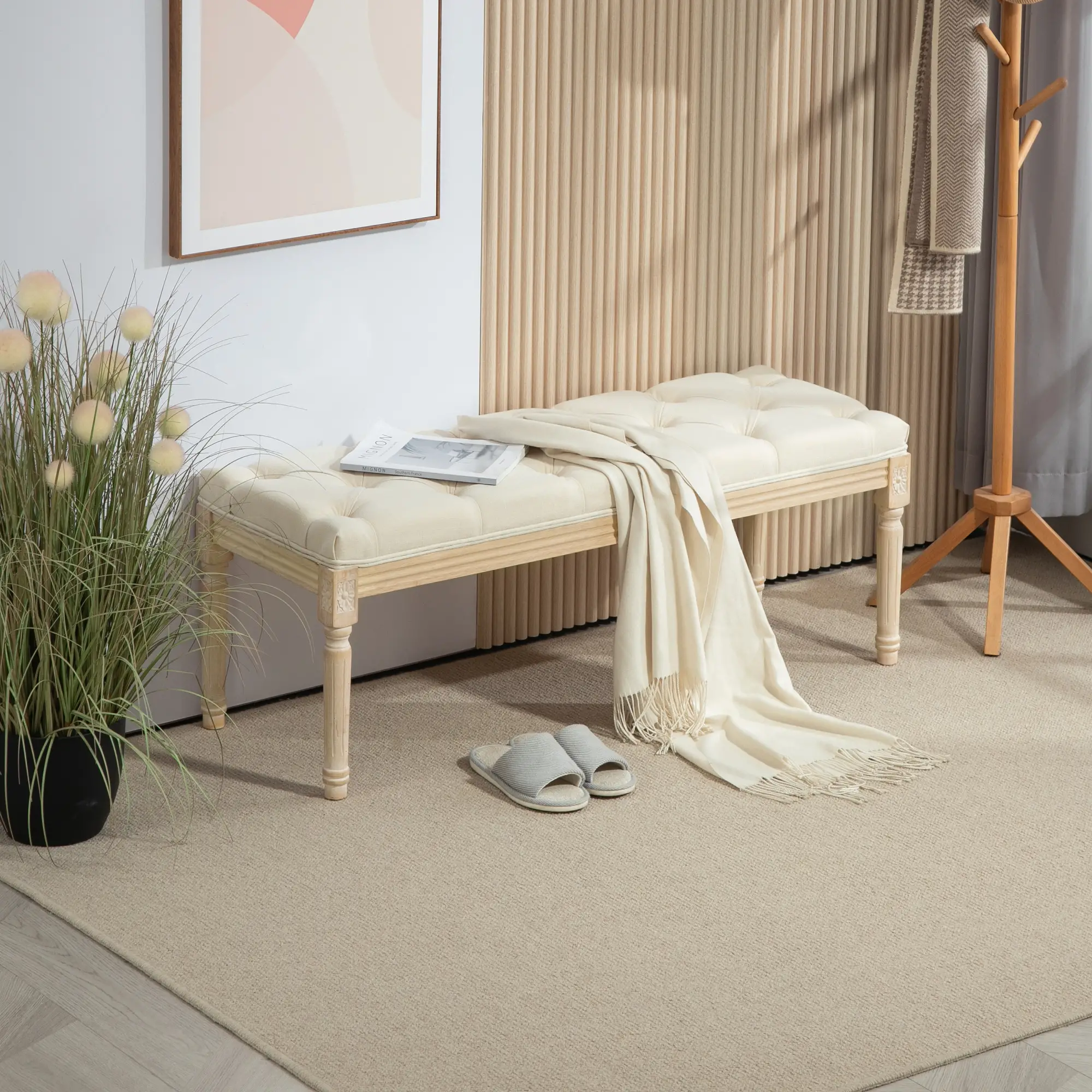 Linen Ottoman Bench 43 x 115 x 40cm, Cream White - Cream White - 10