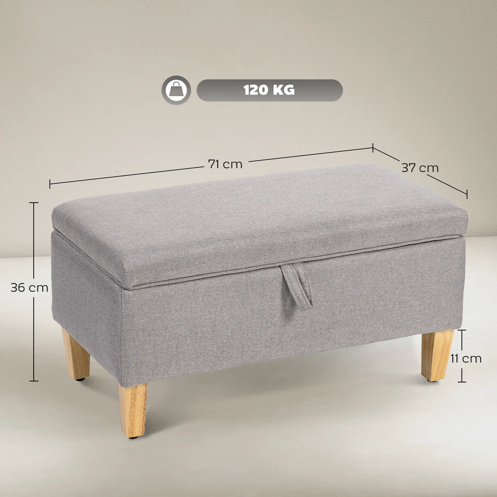 Linen Storage Ottoman Bench 71 x 37 x 36cm - Light Grey - 3