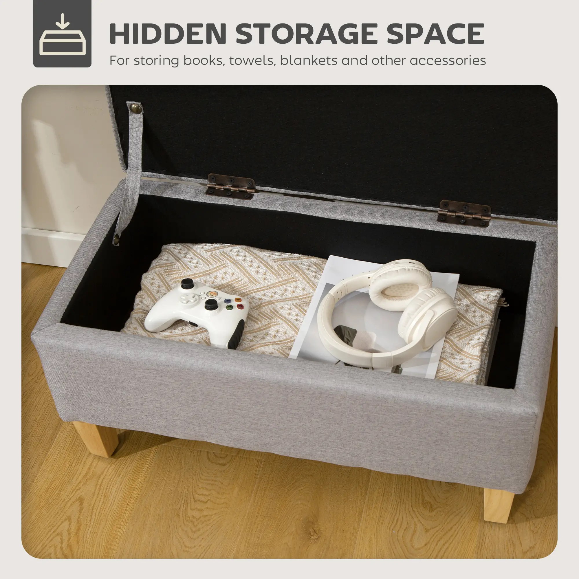 Linen Storage Ottoman Bench 71 x 37 x 36cm - Light Grey - 4