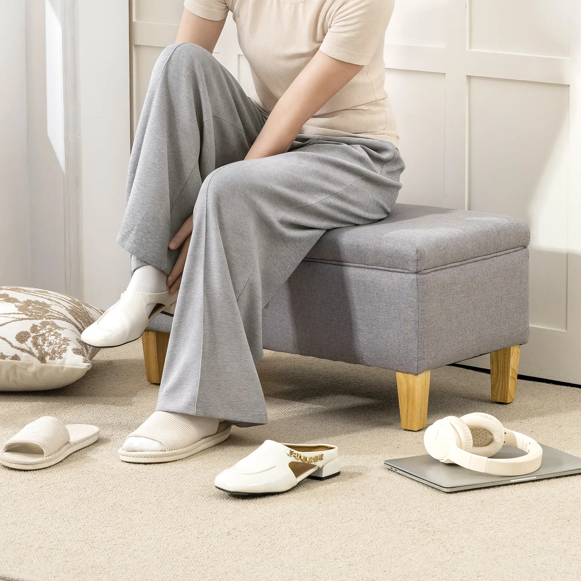 Linen Storage Ottoman Bench 71 x 37 x 36cm - Light Grey - 8
