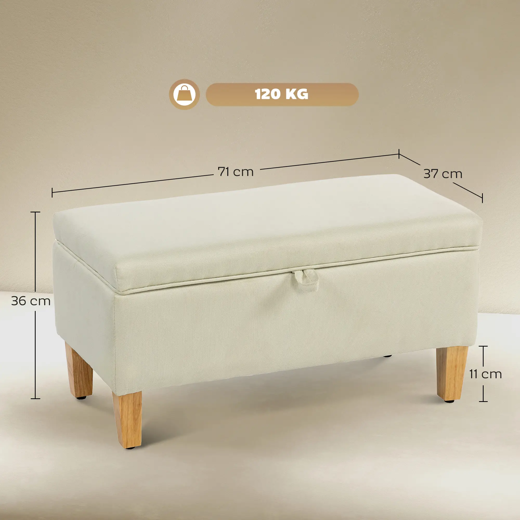 Linen Storage Ottoman Bench 71 x 37 x 36cm - Beige - 3