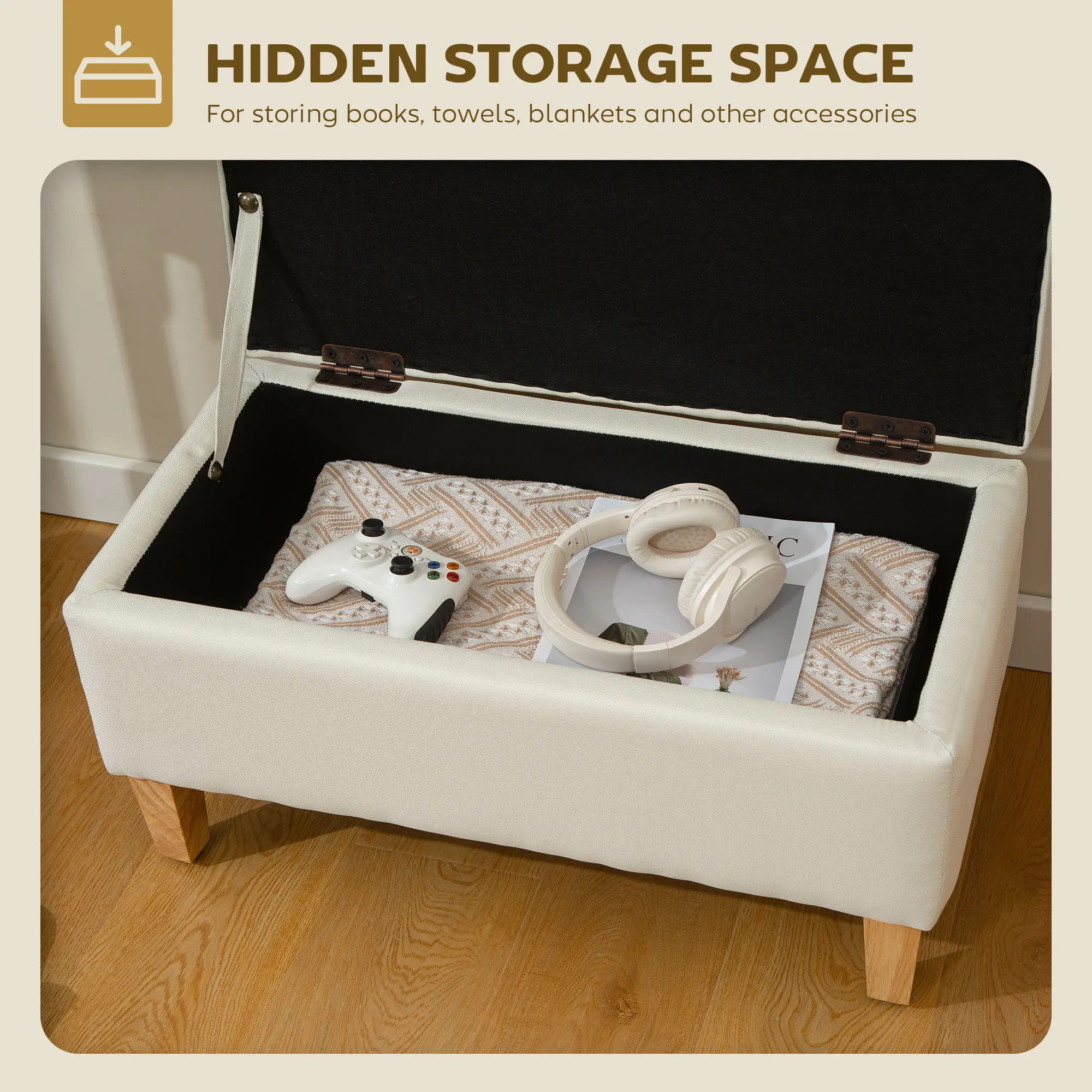 Linen Storage Ottoman Bench 71 x 37 x 36cm - Beige - 4