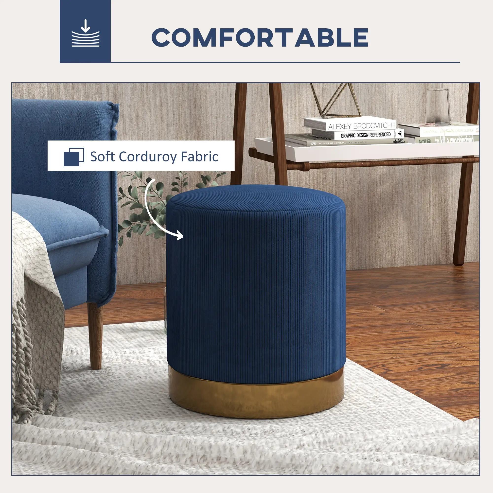 Corduroy Footstool 40 x 45cm, Dark Blue - Dark Blue - 4
