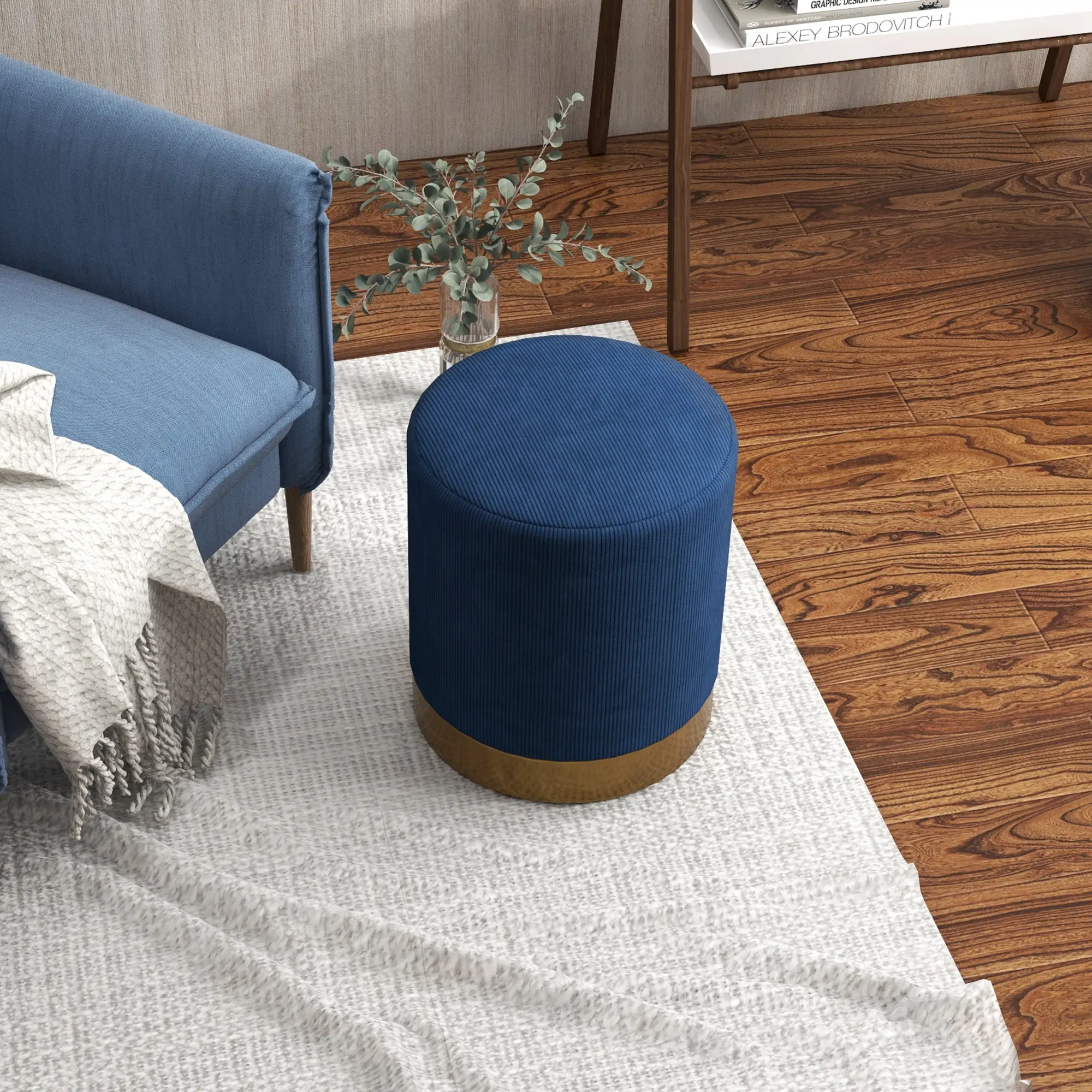 Corduroy Footstool 40 x 45cm, Dark Blue - Dark Blue - 6