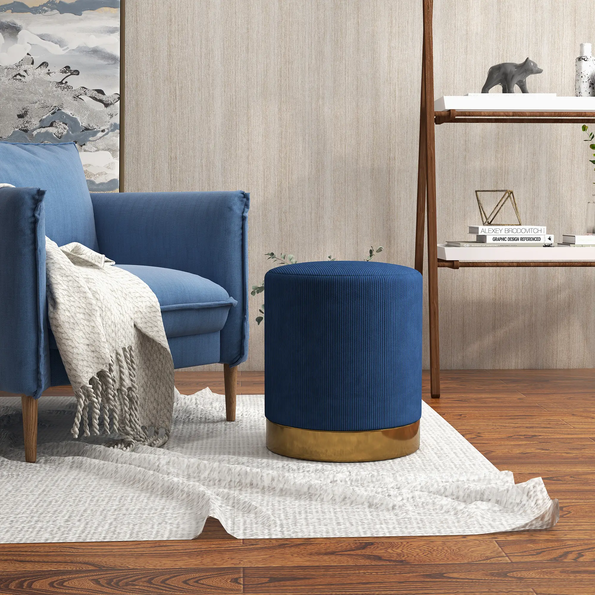 Corduroy Footstool 40 x 45cm, Dark Blue - Dark Blue - 10