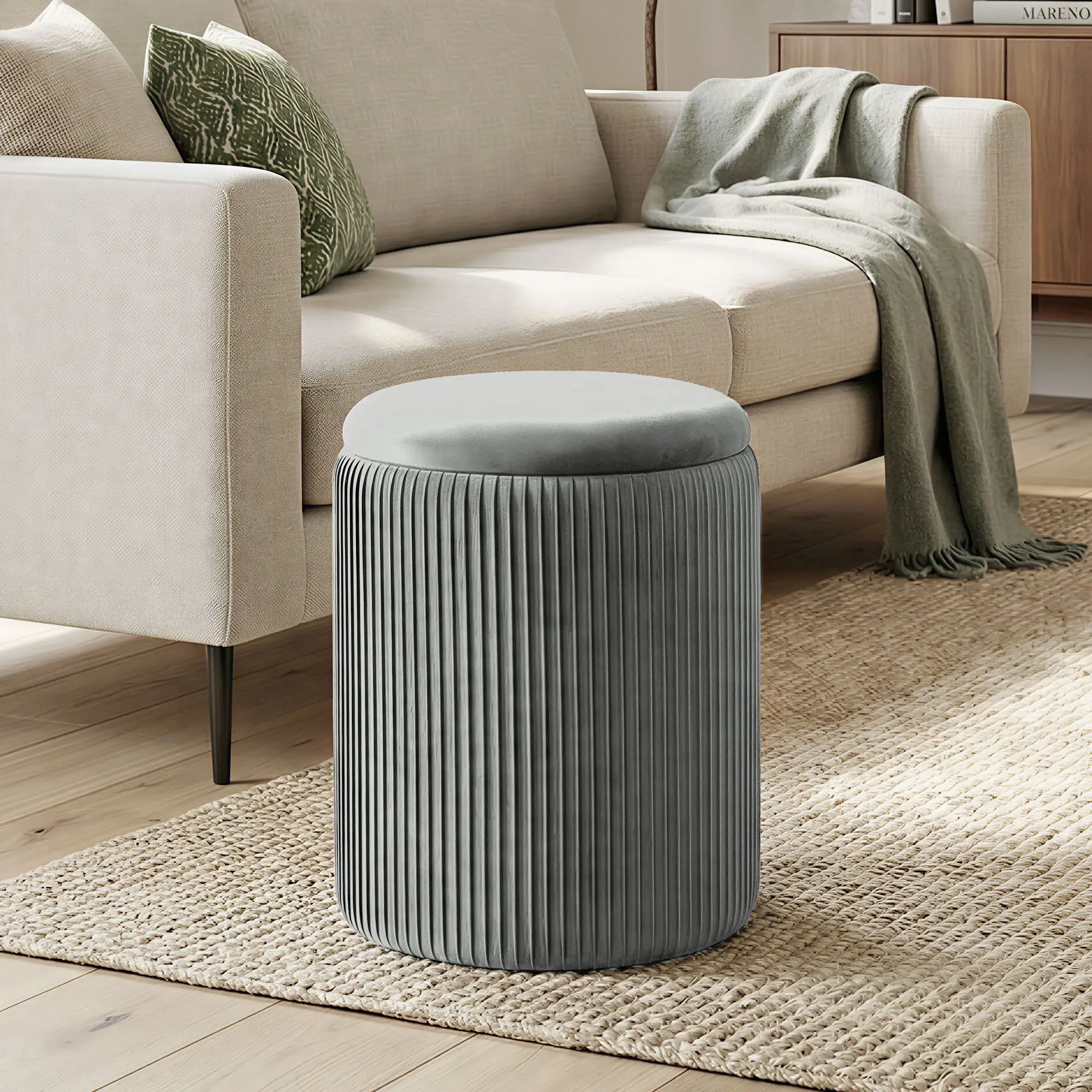 Round Velvet Storage Ottoman 35 x 35 x 45cm - Grey - 2