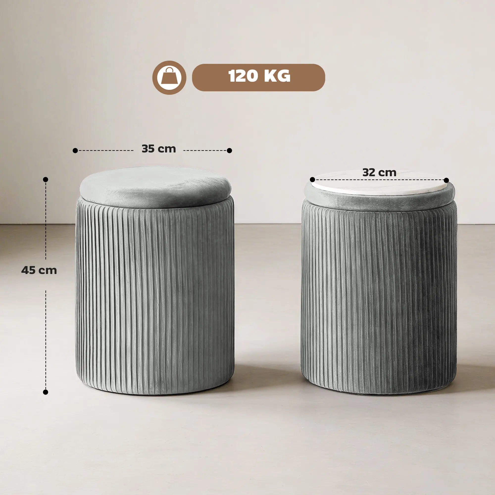 Round Velvet Storage Ottoman 35 x 35 x 45cm - Grey - 3