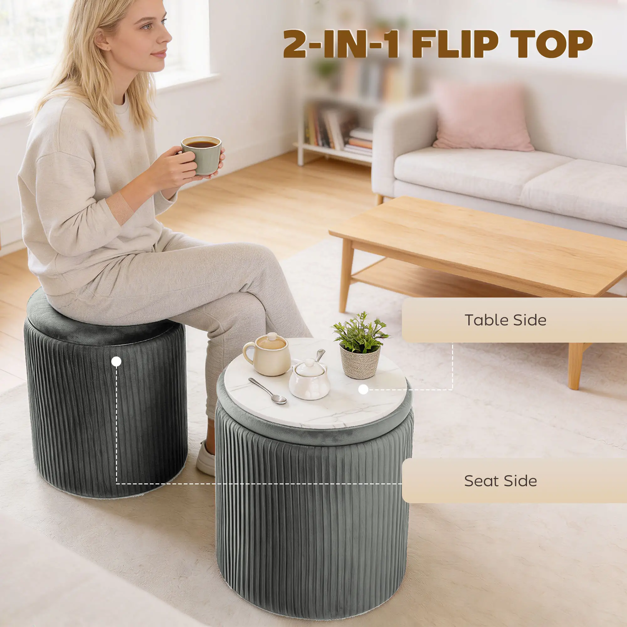 Round Velvet Storage Ottoman 35 x 35 x 45cm - Grey - 4