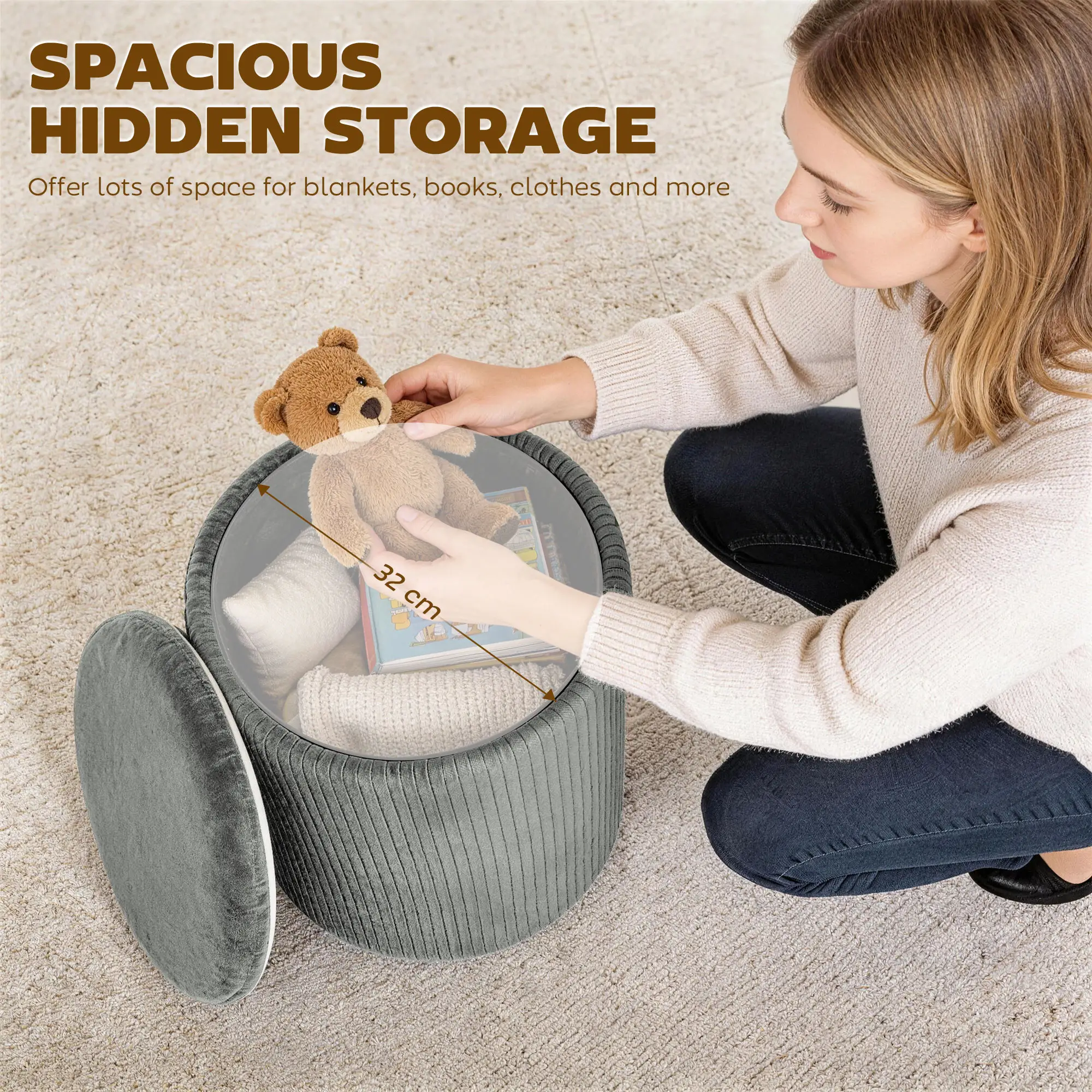 Round Velvet Storage Ottoman 35 x 35 x 45cm - Grey - 5