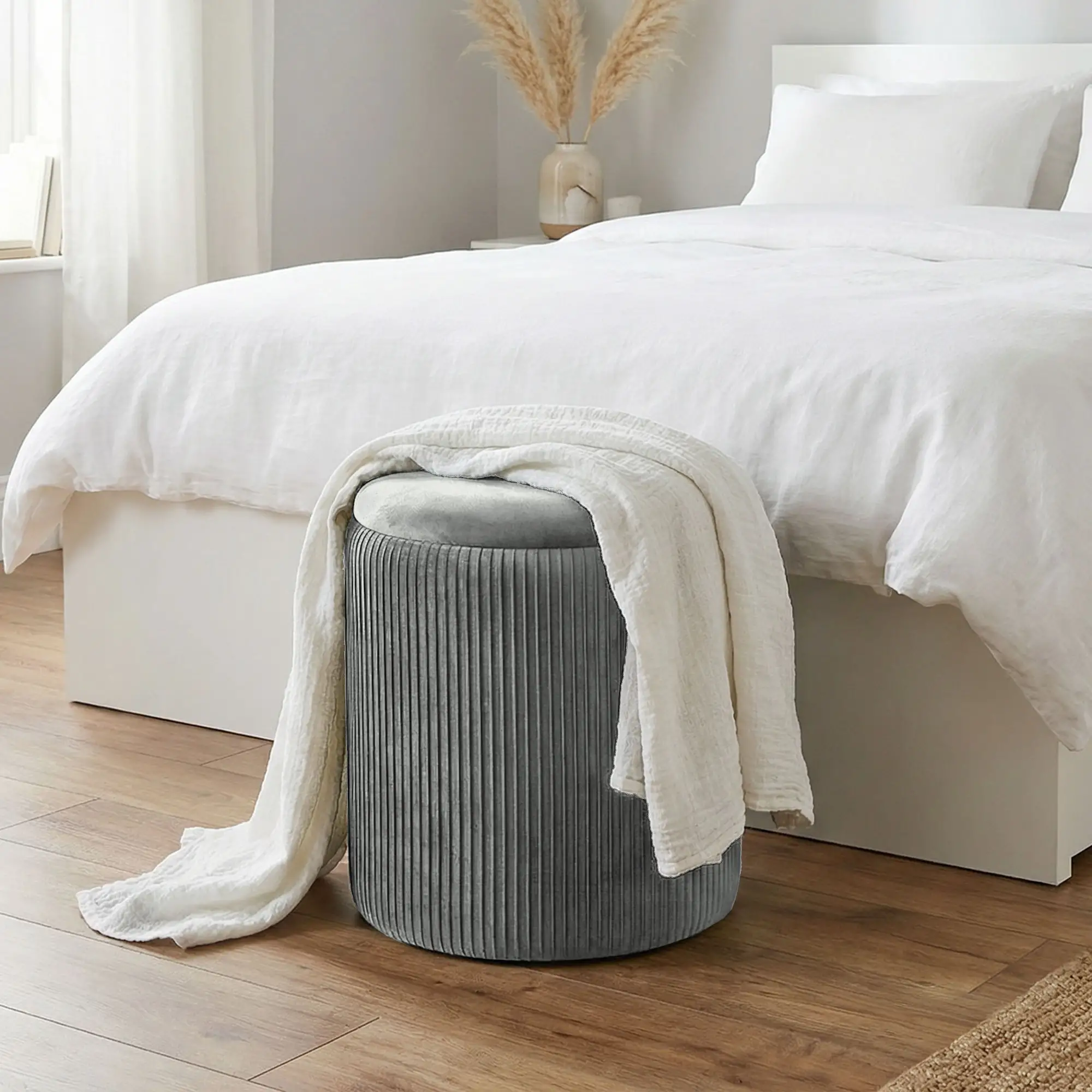Round Velvet Storage Ottoman 35 x 35 x 45cm - Grey - 7