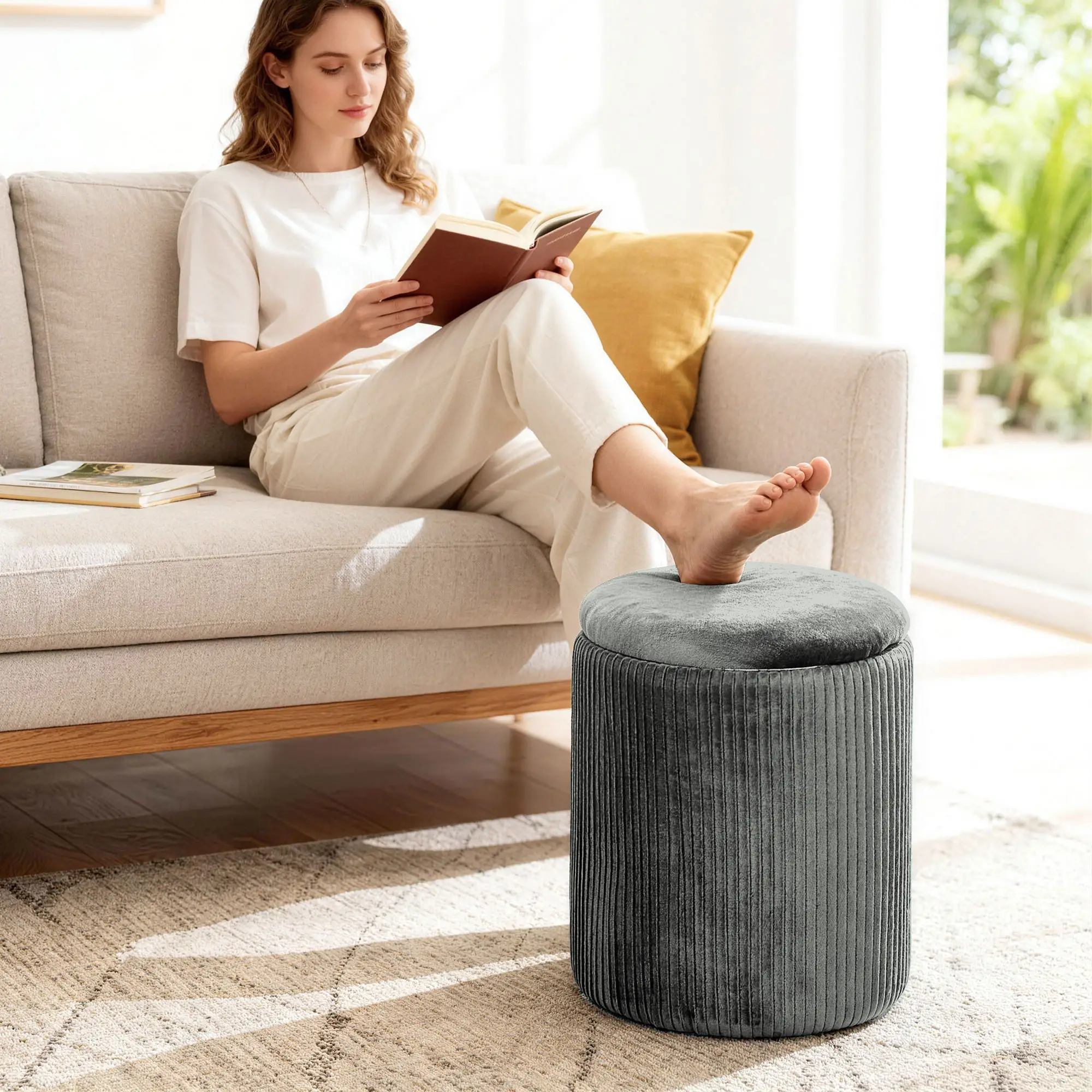 Round Velvet Storage Ottoman 35 x 35 x 45cm - Grey - 8