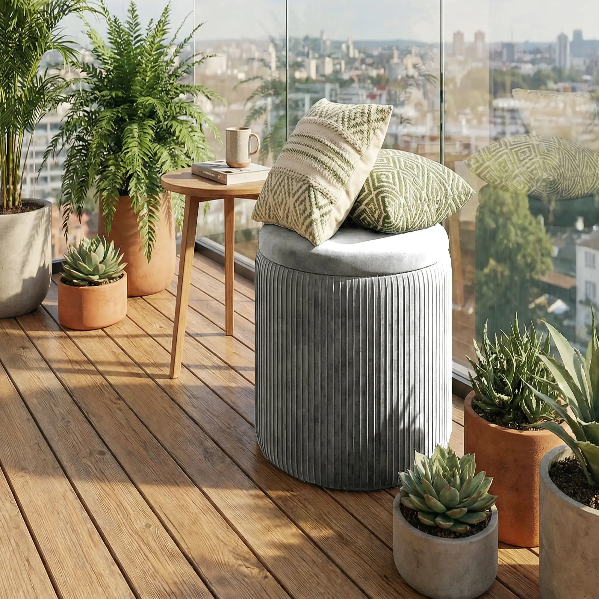 Round Velvet Storage Ottoman 35 x 35 x 45cm - Grey - 9