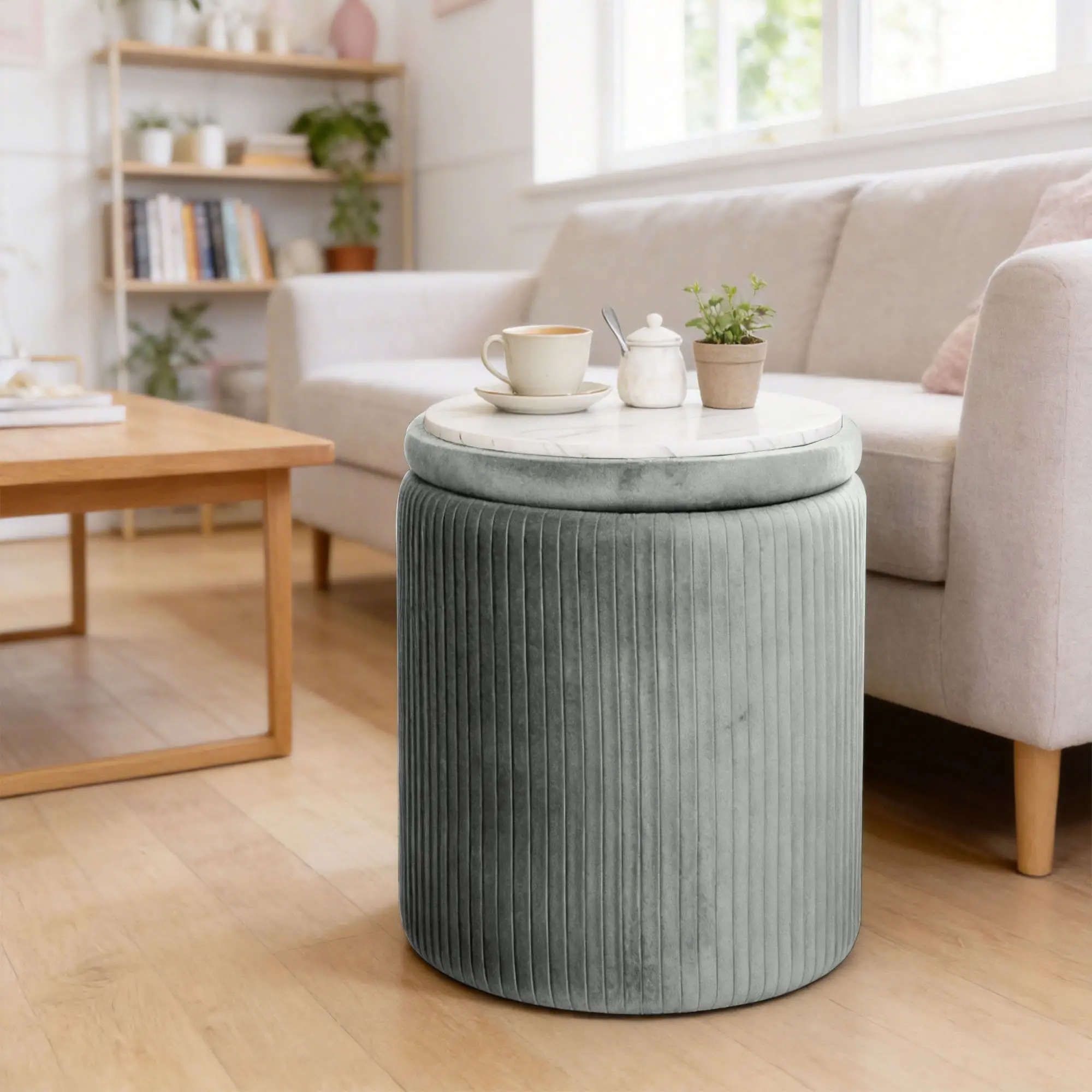 Round Velvet Storage Ottoman 35 x 35 x 45cm - Grey - 10