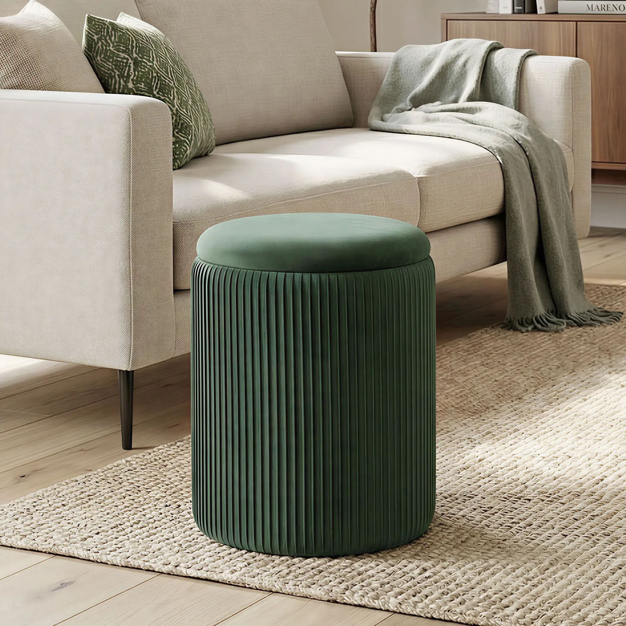 Round Velvet Storage Ottoman 35 x 35 x 45cm - Dark Green - 2
