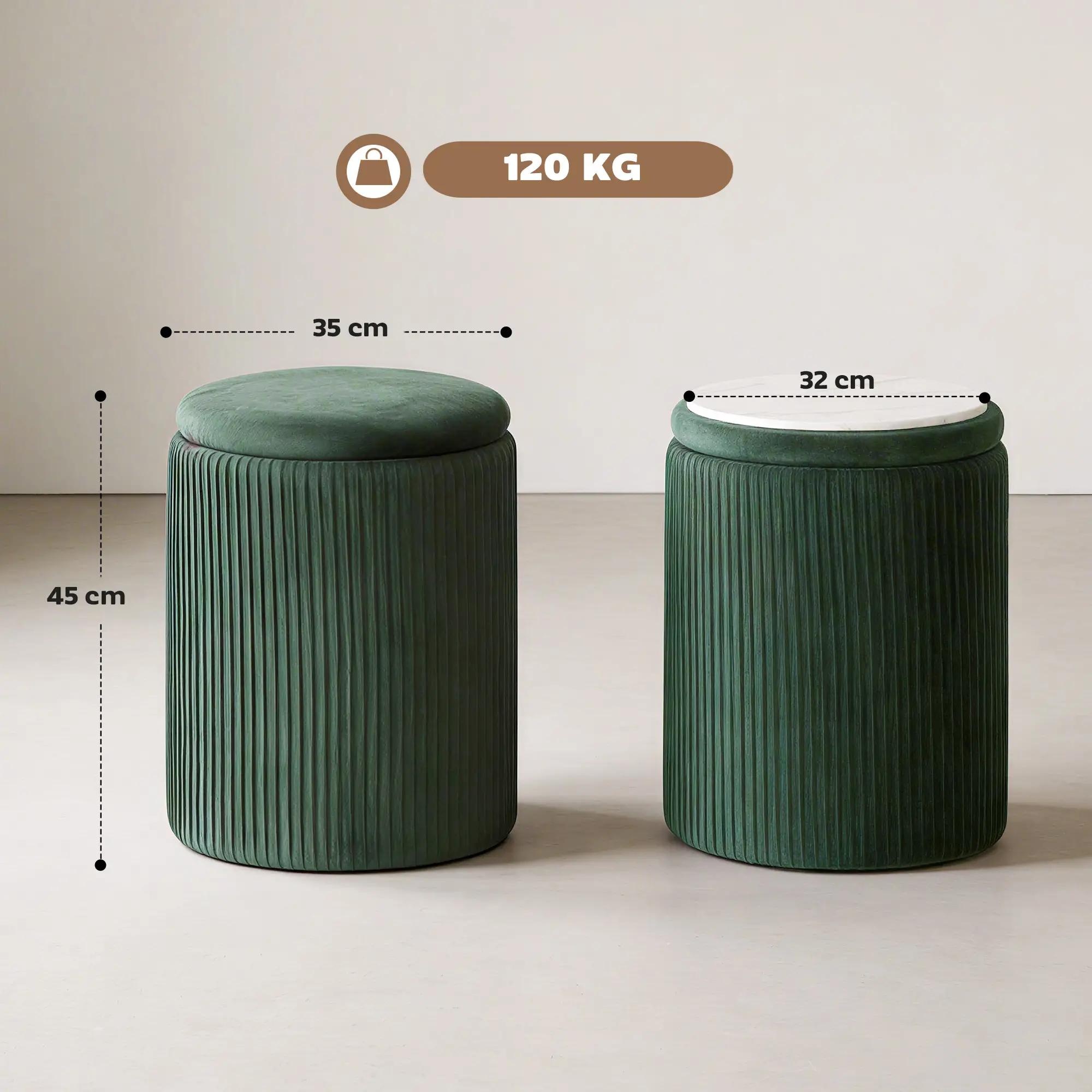 Round Velvet Storage Ottoman 35 x 35 x 45cm - Dark Green - 3