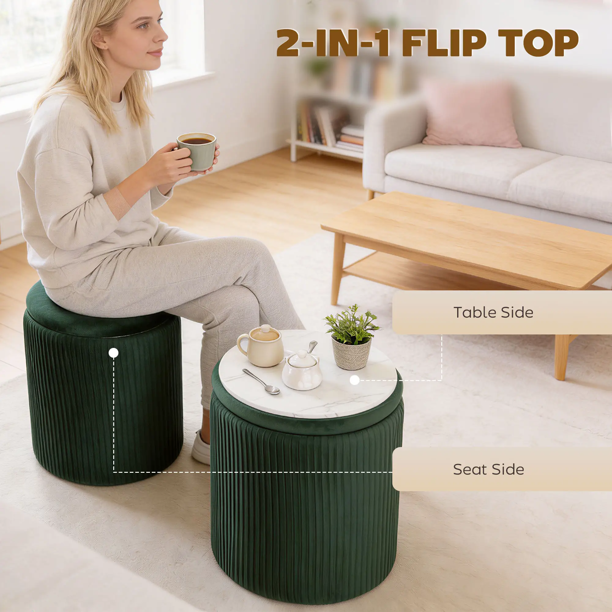 Round Velvet Storage Ottoman 35 x 35 x 45cm - Dark Green - 4