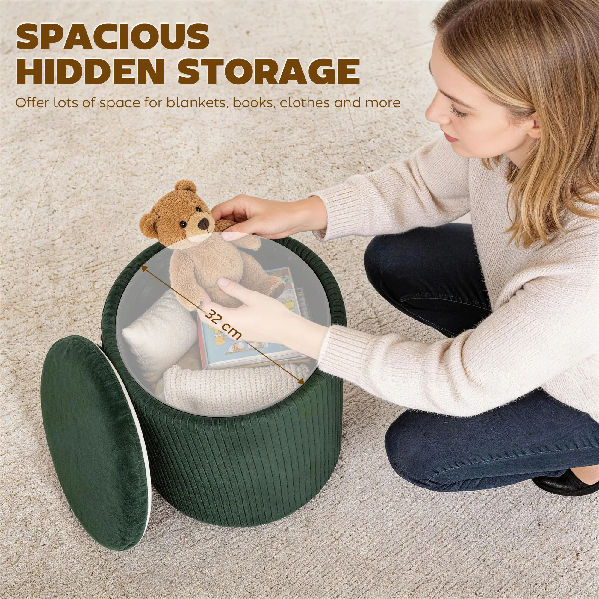 Round Velvet Storage Ottoman 35 x 35 x 45cm - Dark Green - 5