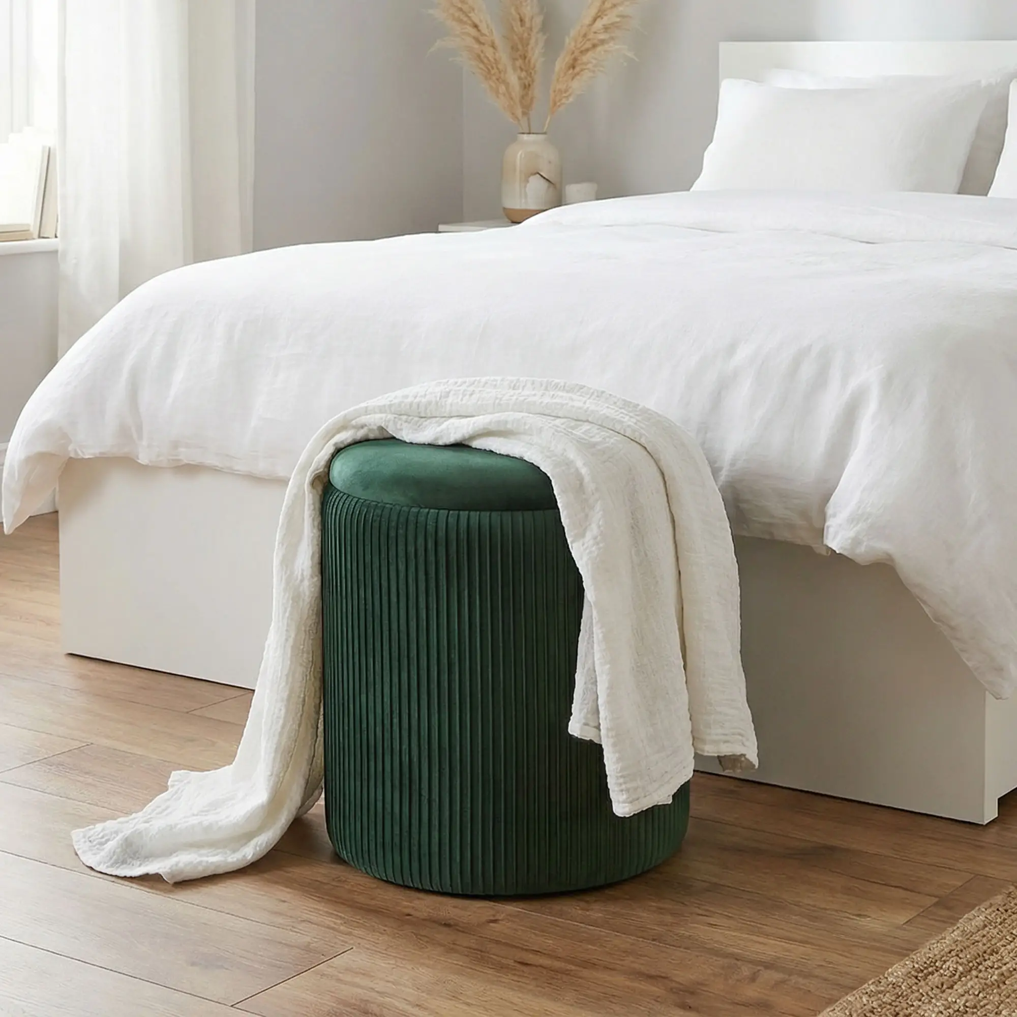 Round Velvet Storage Ottoman 35 x 35 x 45cm - Dark Green - 7
