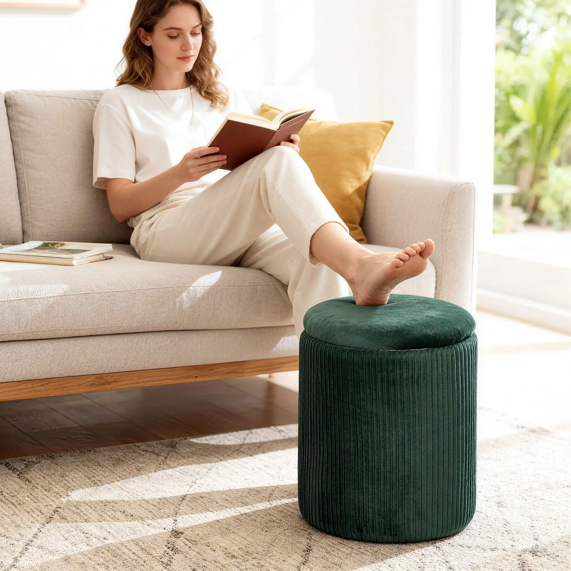 Round Velvet Storage Ottoman 35 x 35 x 45cm - Dark Green - 8