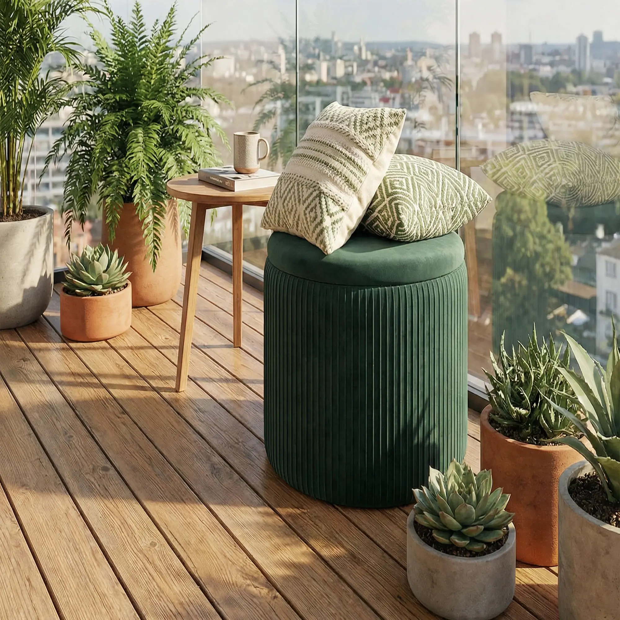 Round Velvet Storage Ottoman 35 x 35 x 45cm - Dark Green - 9