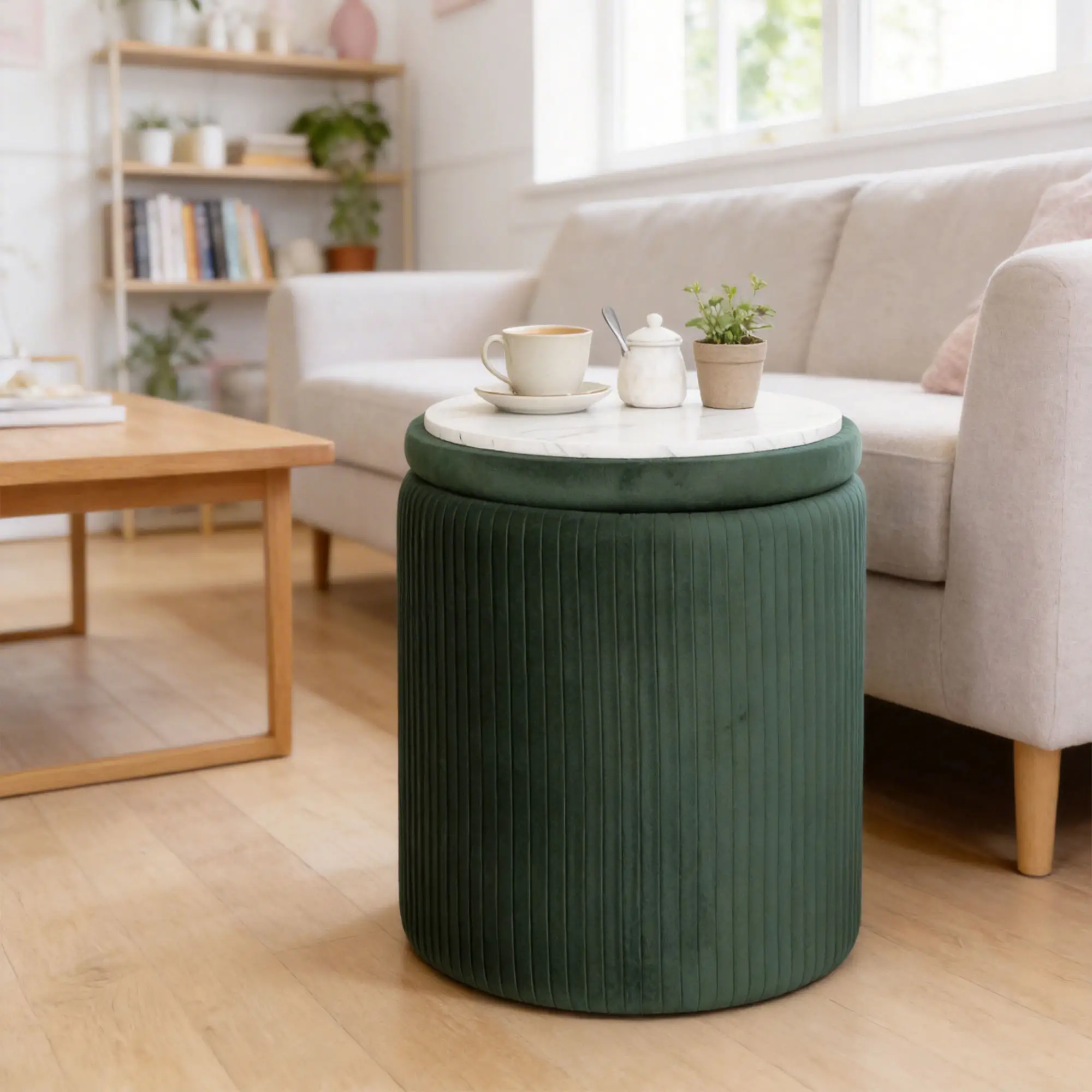 Round Velvet Storage Ottoman 35 x 35 x 45cm - Dark Green - 10