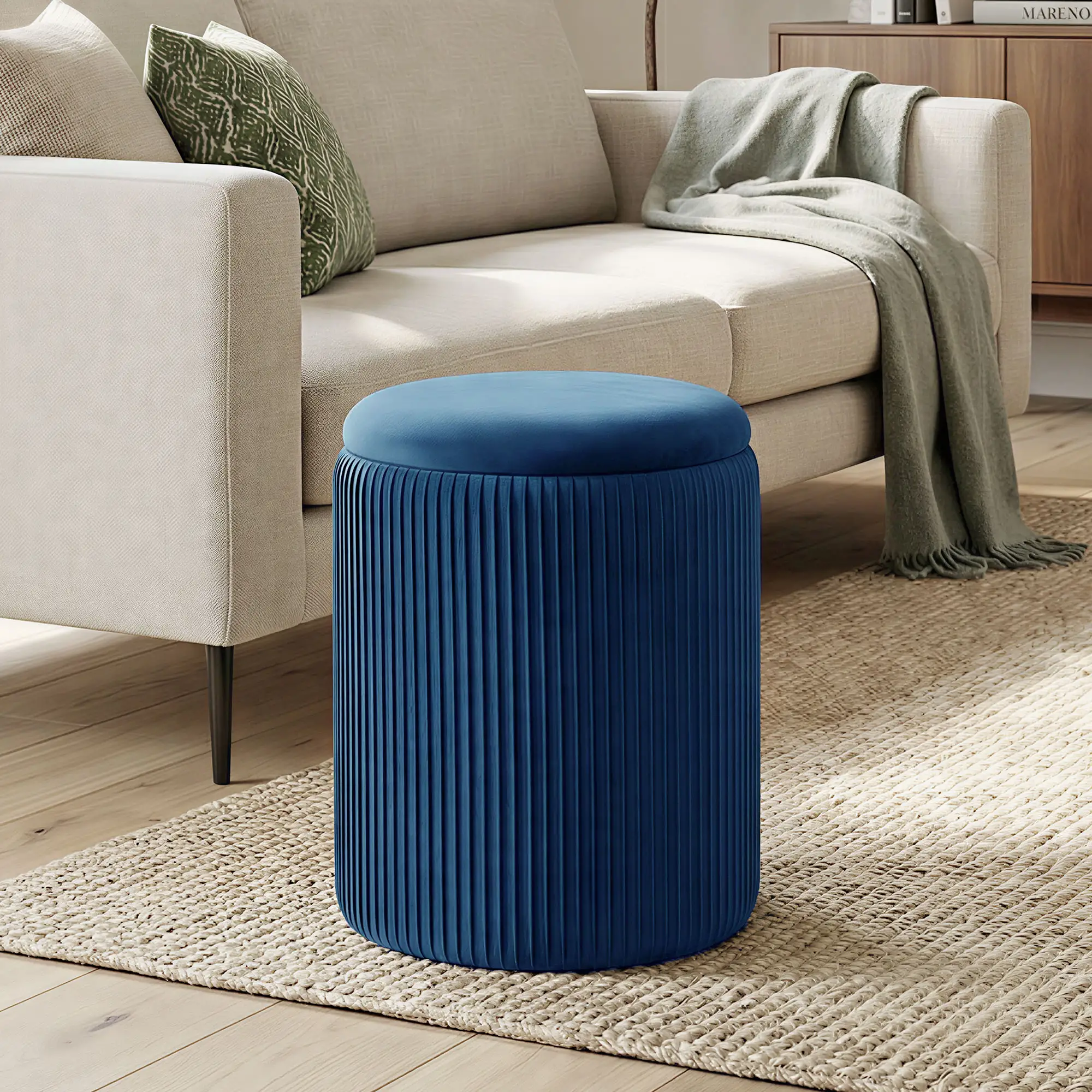Round Velvet Storage Ottoman 35 x 35 x 45cm - Blue - 2