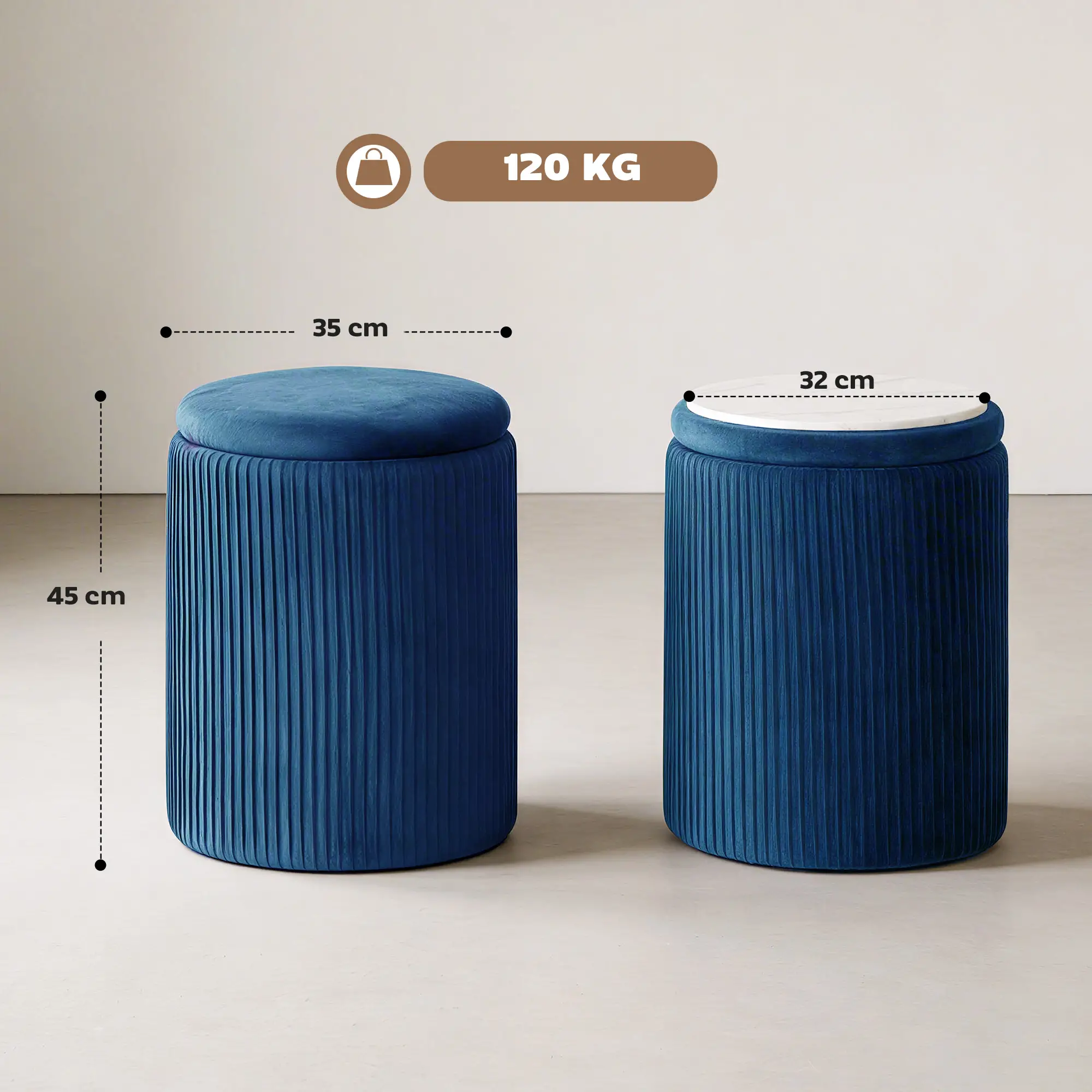 Round Velvet Storage Ottoman 35 x 35 x 45cm - Blue - 3