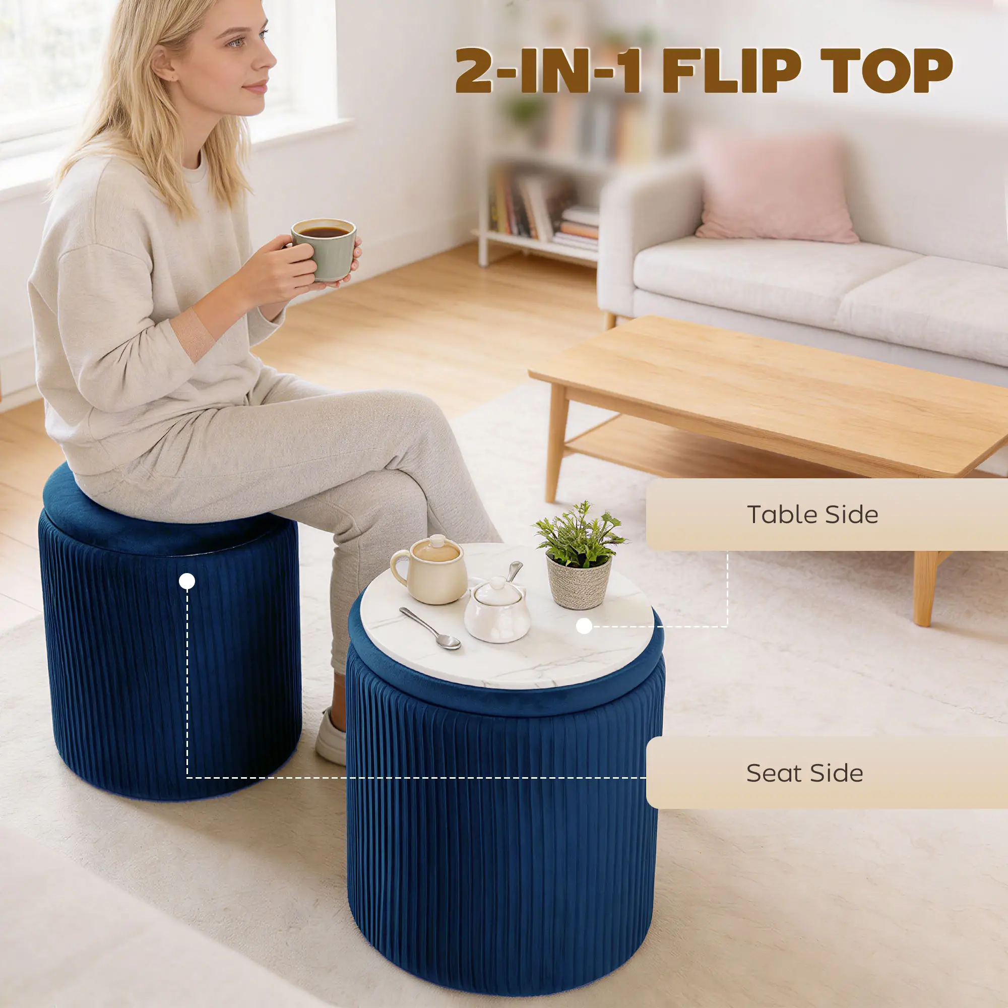 Round Velvet Storage Ottoman 35 x 35 x 45cm - Blue - 4