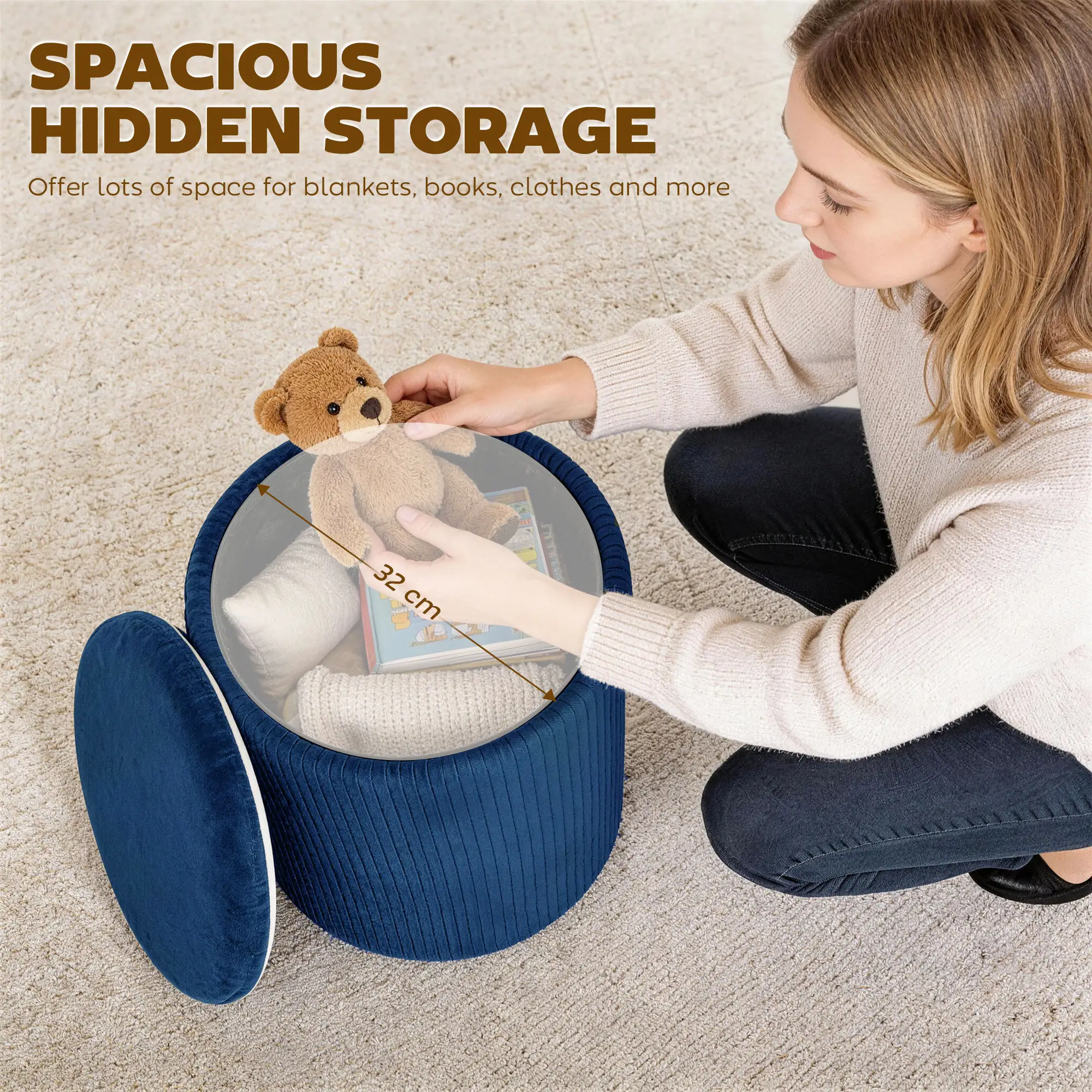 Round Velvet Storage Ottoman 35 x 35 x 45cm - Blue - 5