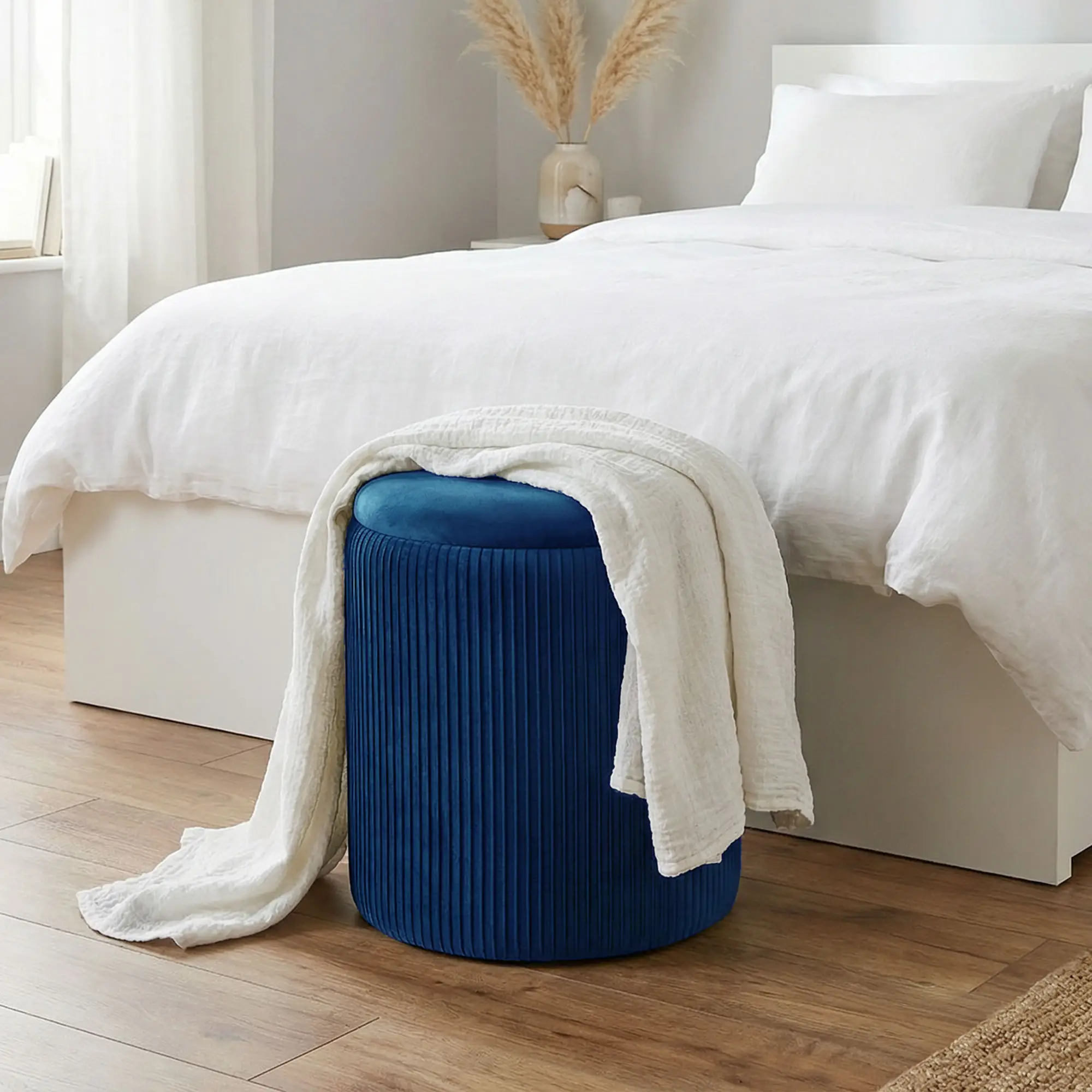 Round Velvet Storage Ottoman 35 x 35 x 45cm - Blue - 7