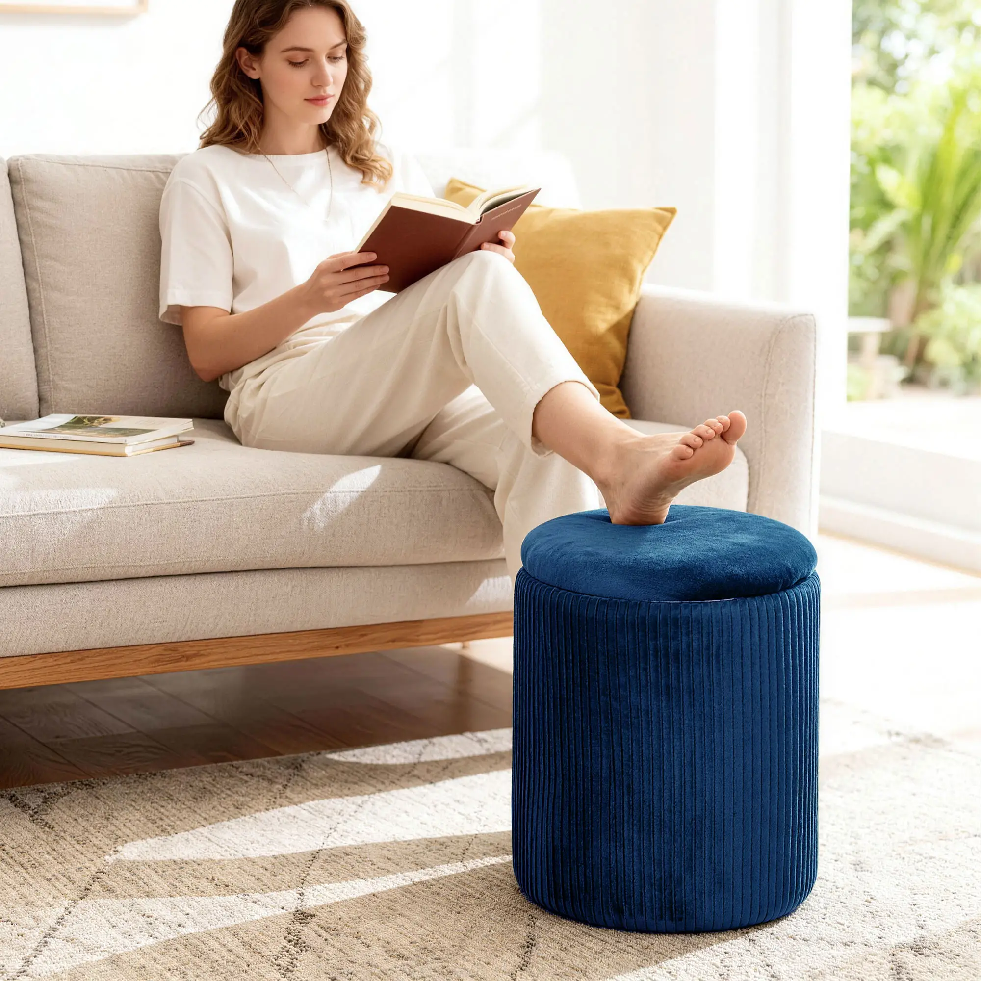Round Velvet Storage Ottoman 35 x 35 x 45cm - Blue - 8