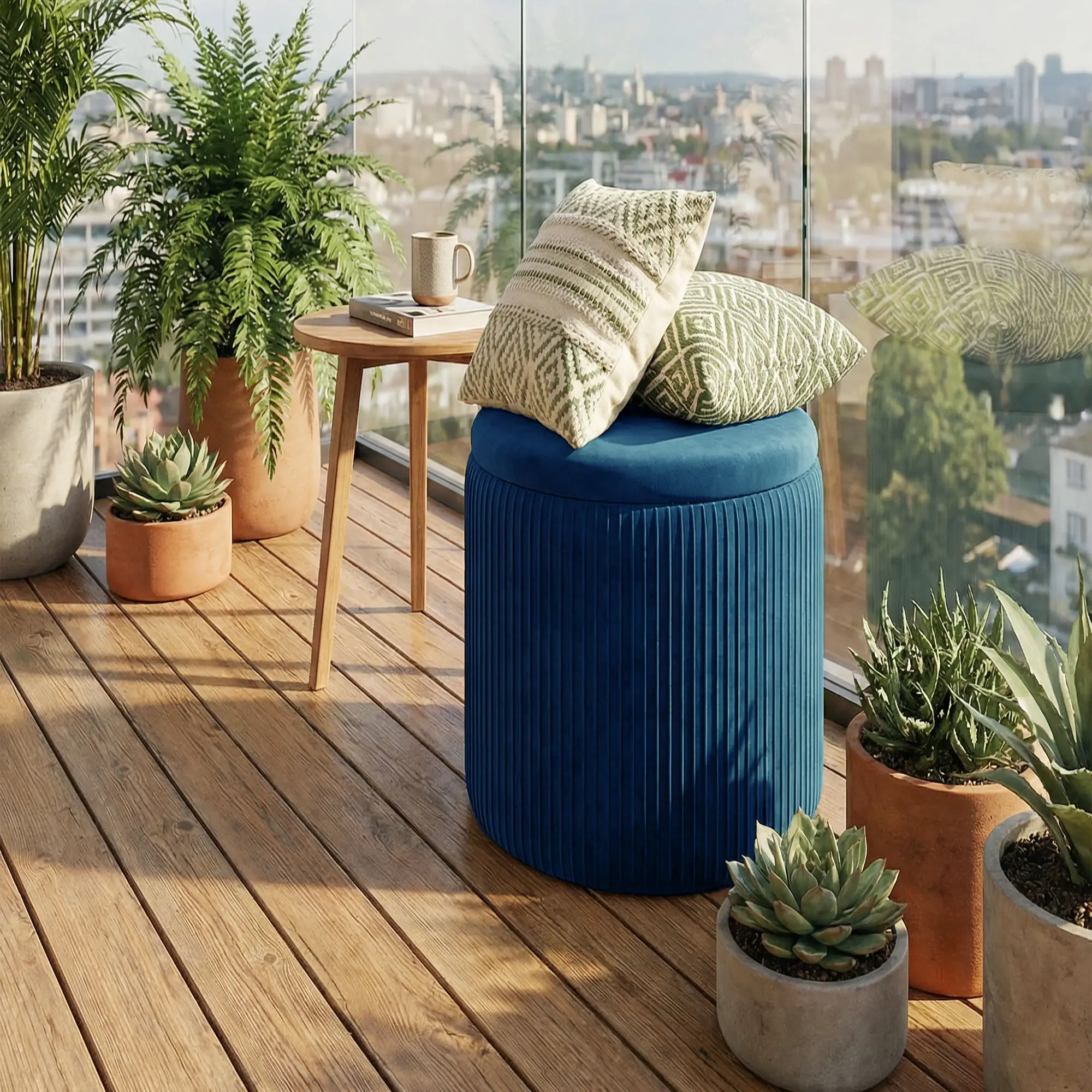 Round Velvet Storage Ottoman 35 x 35 x 45cm - Blue - 9