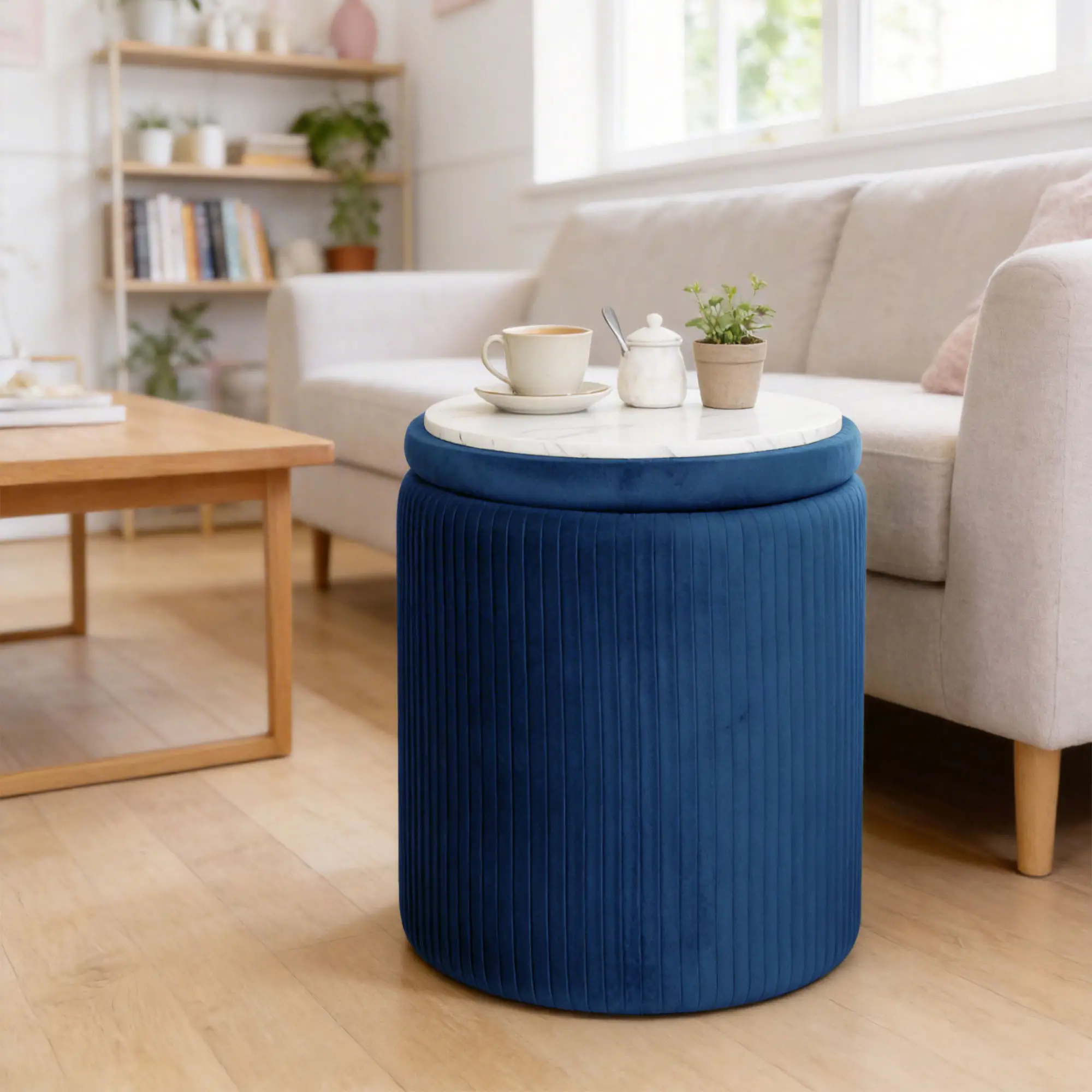 Round Velvet Storage Ottoman 35 x 35 x 45cm - Blue - 10