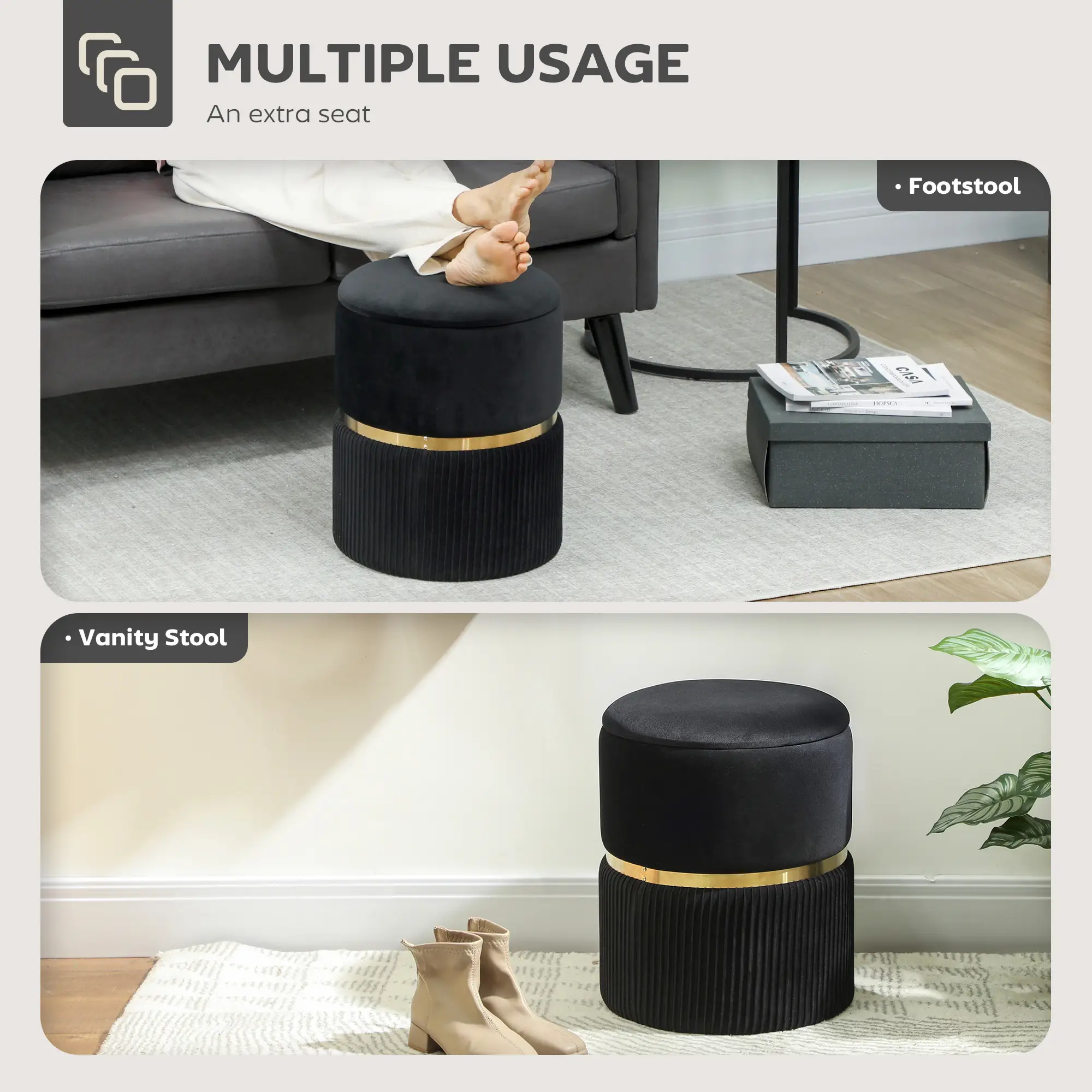 Velvet Storage Ottoman 36 x 36 x 44cm - Black - 6