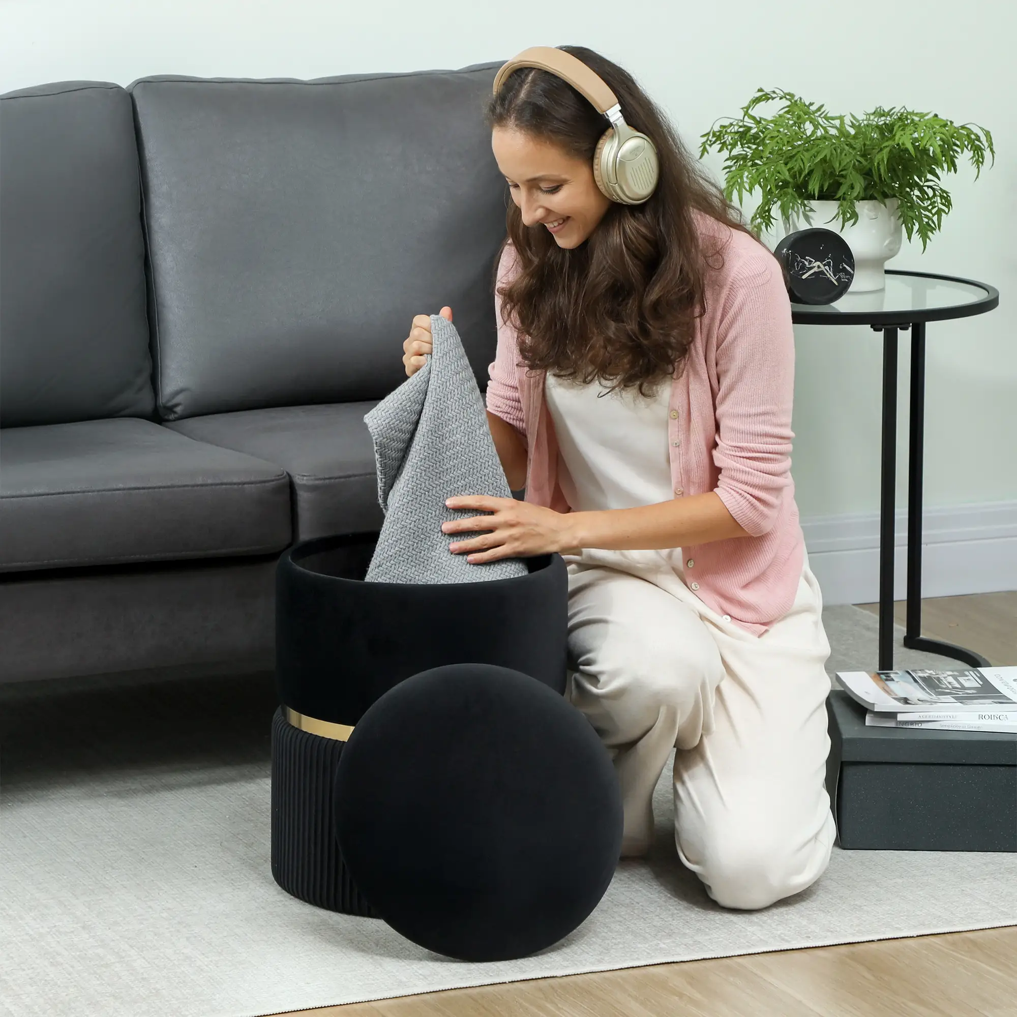 Velvet Storage Ottoman 36 x 36 x 44cm - Black - 7