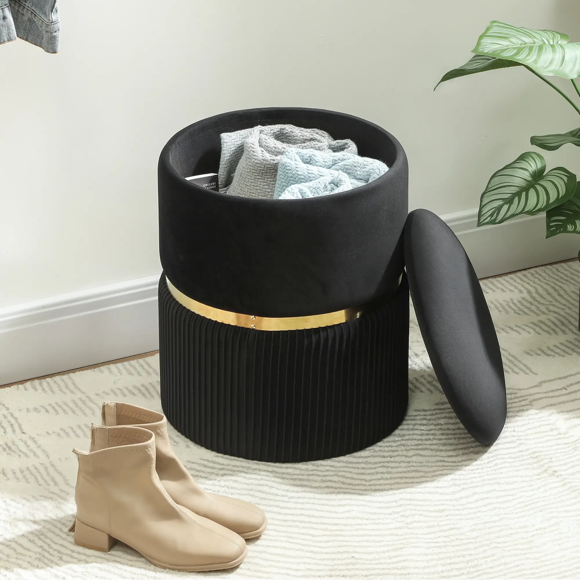 Velvet Storage Ottoman 36 x 36 x 44cm - Black - 8