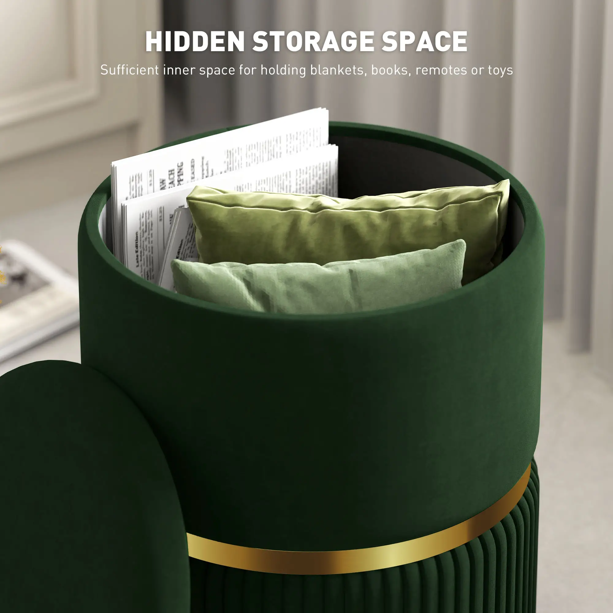 Velvet Storage Ottoman 36 x 36 x 44cm - Dark Green - 4