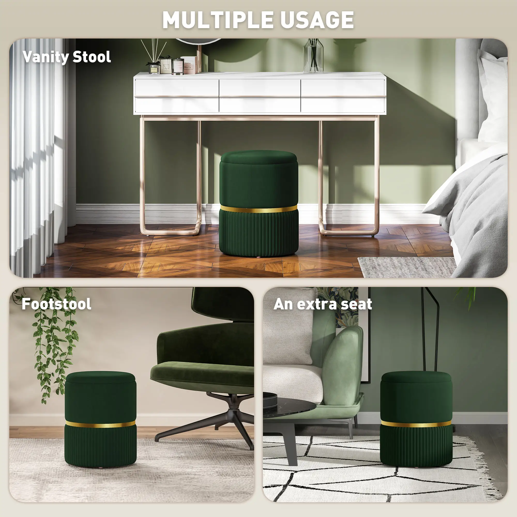 Velvet Storage Ottoman 36 x 36 x 44cm - Dark Green - 6