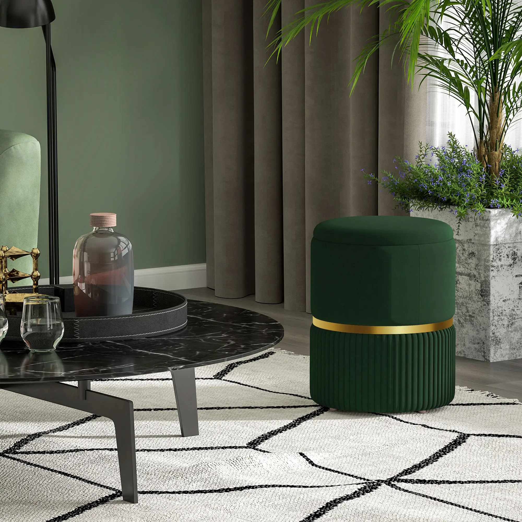 Velvet Storage Ottoman 36 x 36 x 44cm - Dark Green - 7