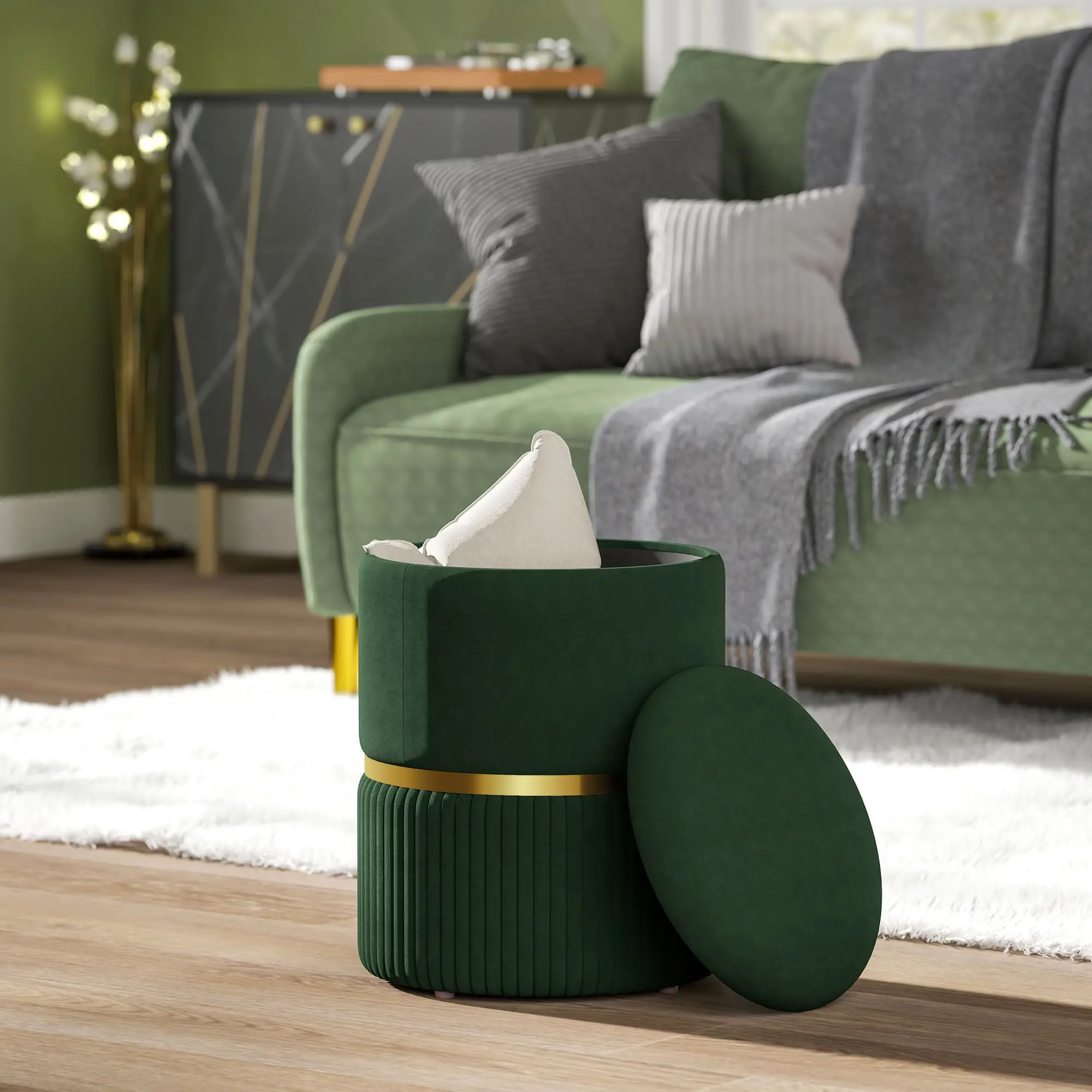 Velvet Storage Ottoman 36 x 36 x 44cm - Dark Green - 10