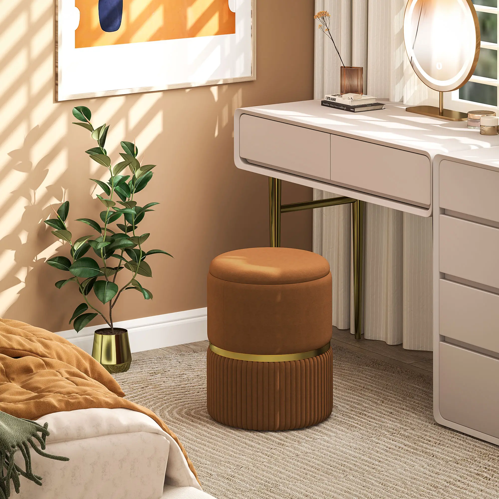 Velvet Storage Ottoman 36 x 36 x 44cm - Light Brown - 2