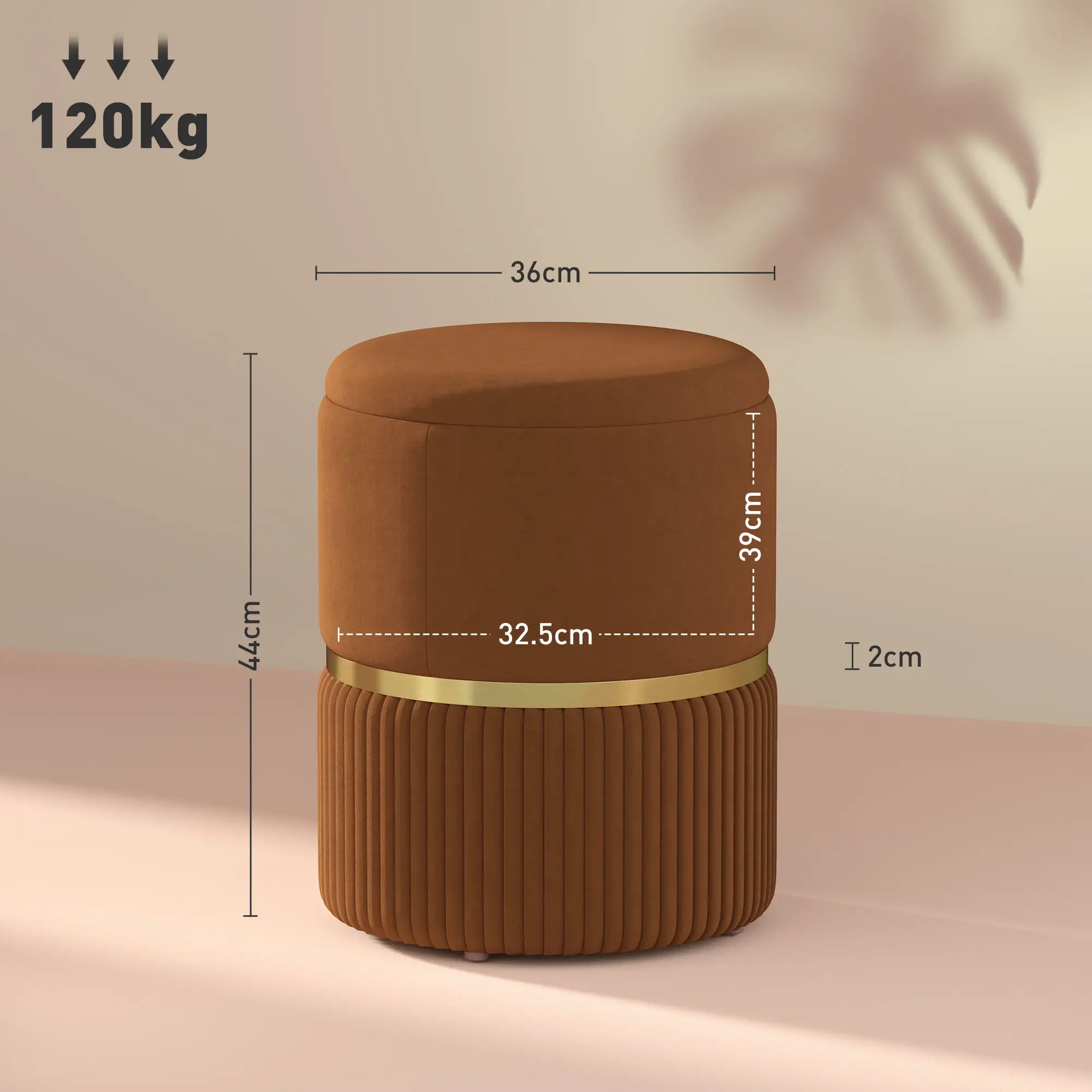 Velvet Storage Ottoman 36 x 36 x 44cm - Light Brown - 3