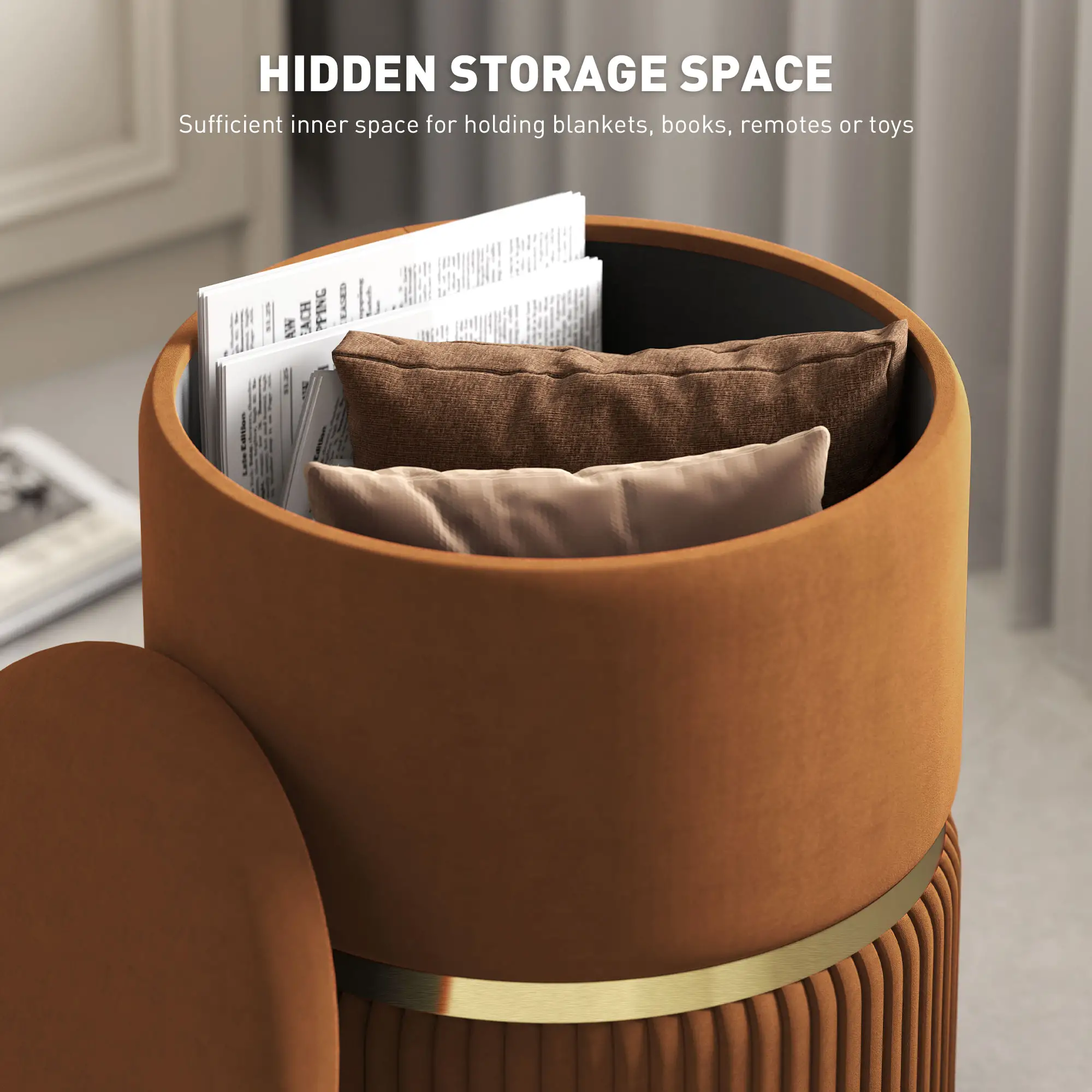 Velvet Storage Ottoman 36 x 36 x 44cm - Light Brown - 4