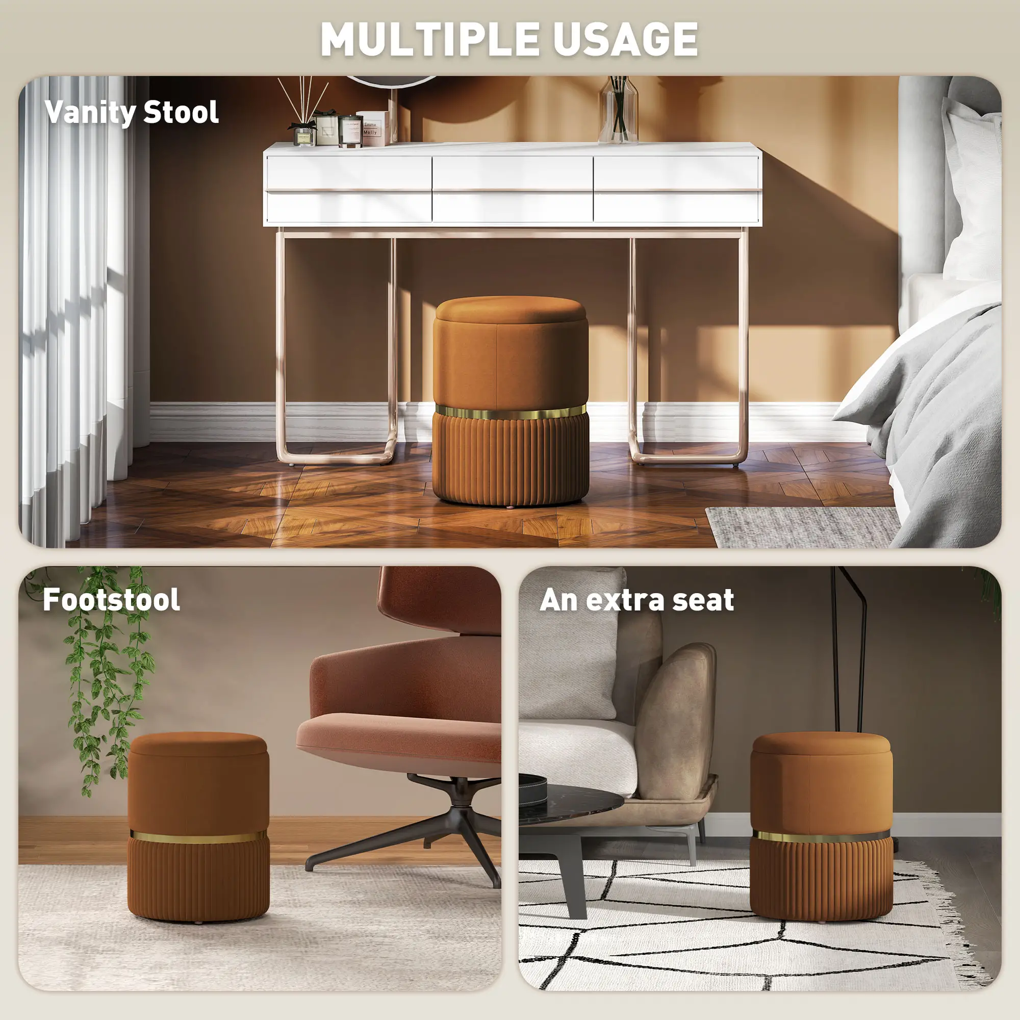 Velvet Storage Ottoman 36 x 36 x 44cm - Light Brown - 6